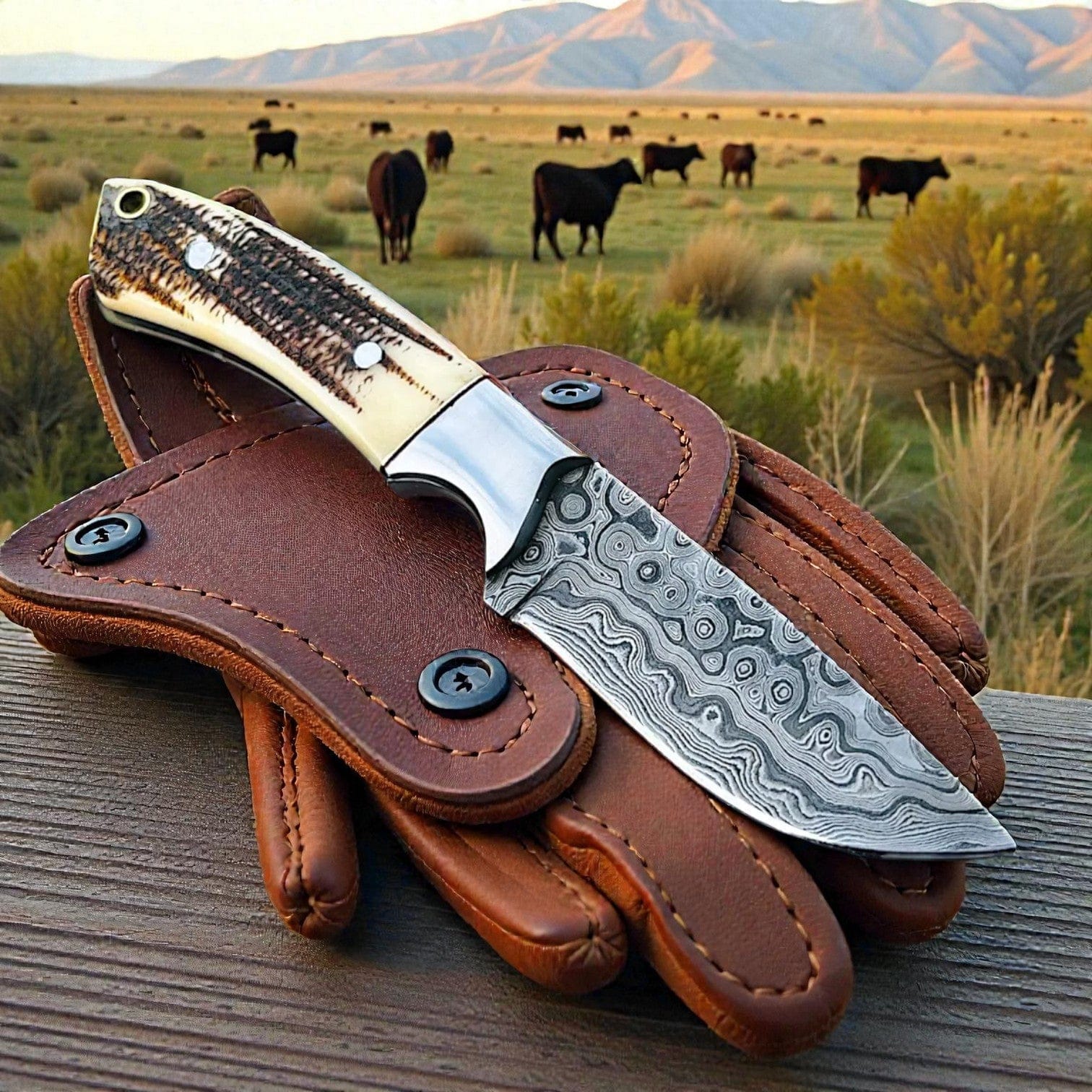 MALIKA KNIVES simple Damascus Cowboy Knife | Antler Handle | Pancake Leather Sheath