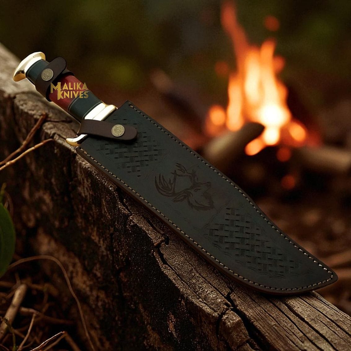 MALIKA KNIVES simple Damascus Dundee Bowie Knife Bull Horn Pakka Wood Handle