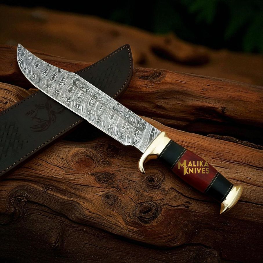 MALIKA KNIVES simple Damascus Dundee Bowie Knife Bull Horn Pakka Wood Handle