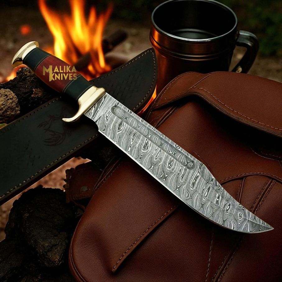 MALIKA KNIVES simple Damascus Dundee Bowie Knife Bull Horn Pakka Wood Handle