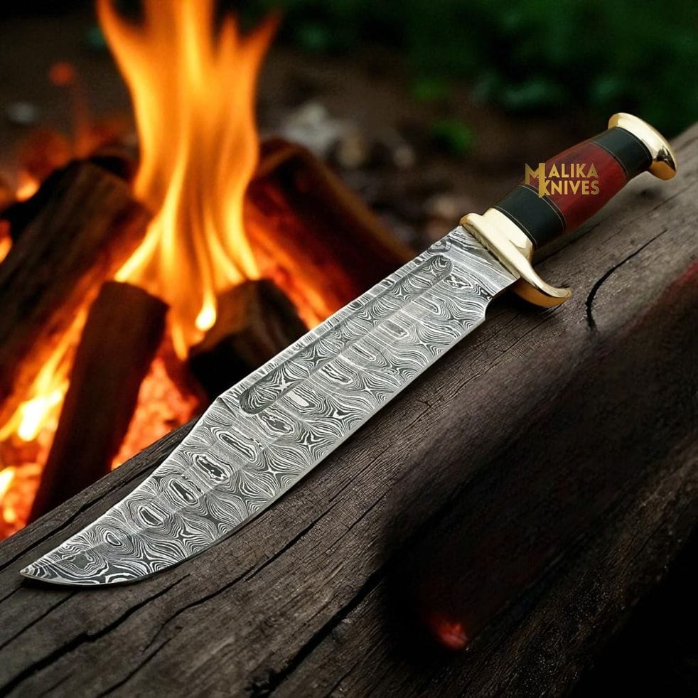 MALIKA KNIVES simple Damascus Dundee Bowie Knife Bull Horn Pakka Wood Handle