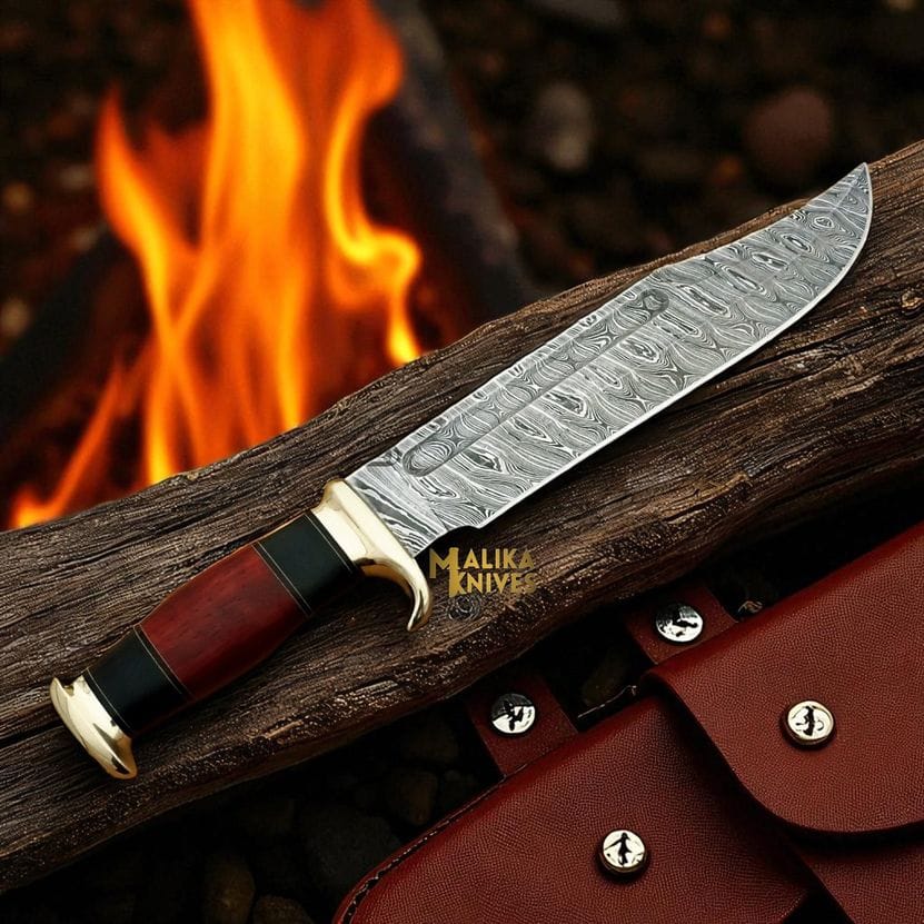 MALIKA KNIVES simple Damascus Dundee Bowie Knife Bull Horn Pakka Wood Handle