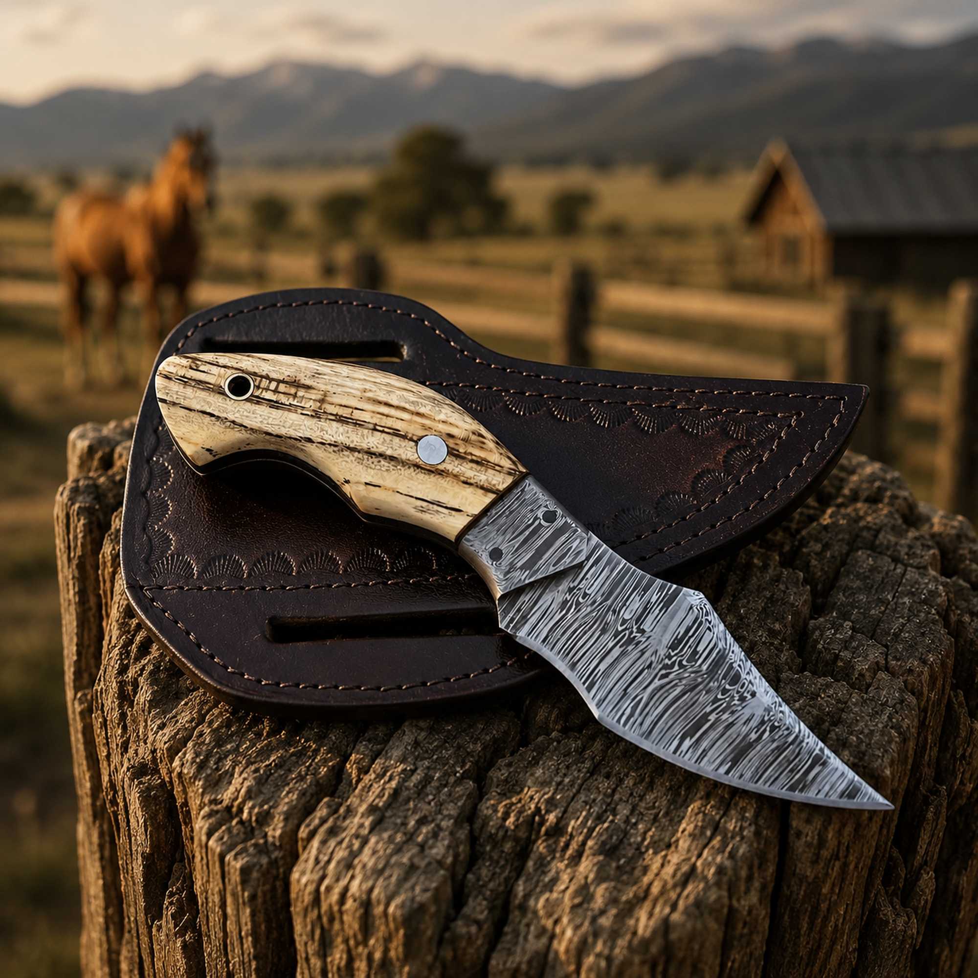 MALIKA KNIVES simple Damascus EDC Cowboy Knife Ashwood Handle