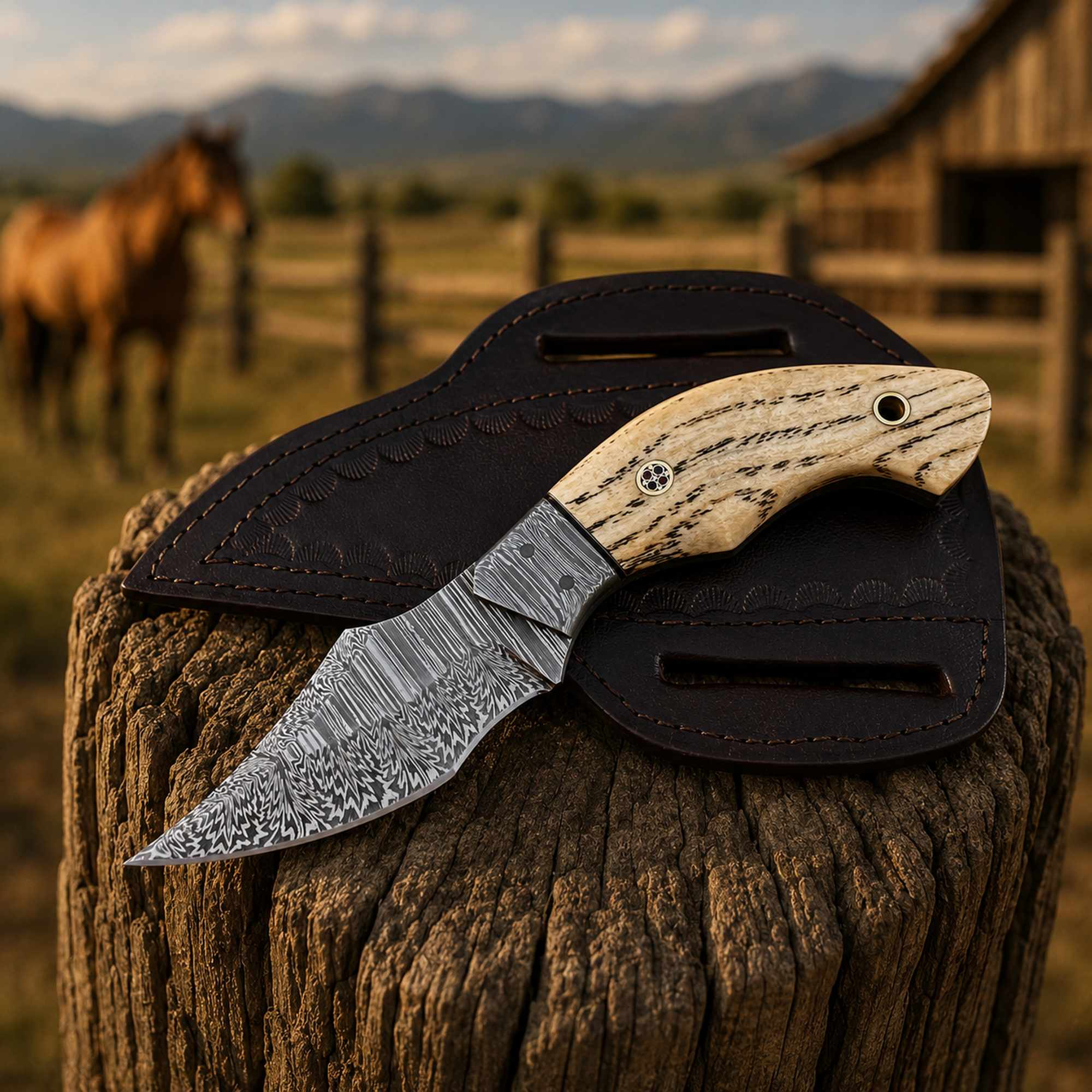 MALIKA KNIVES simple Damascus EDC Cowboy Knife Ashwood Handle