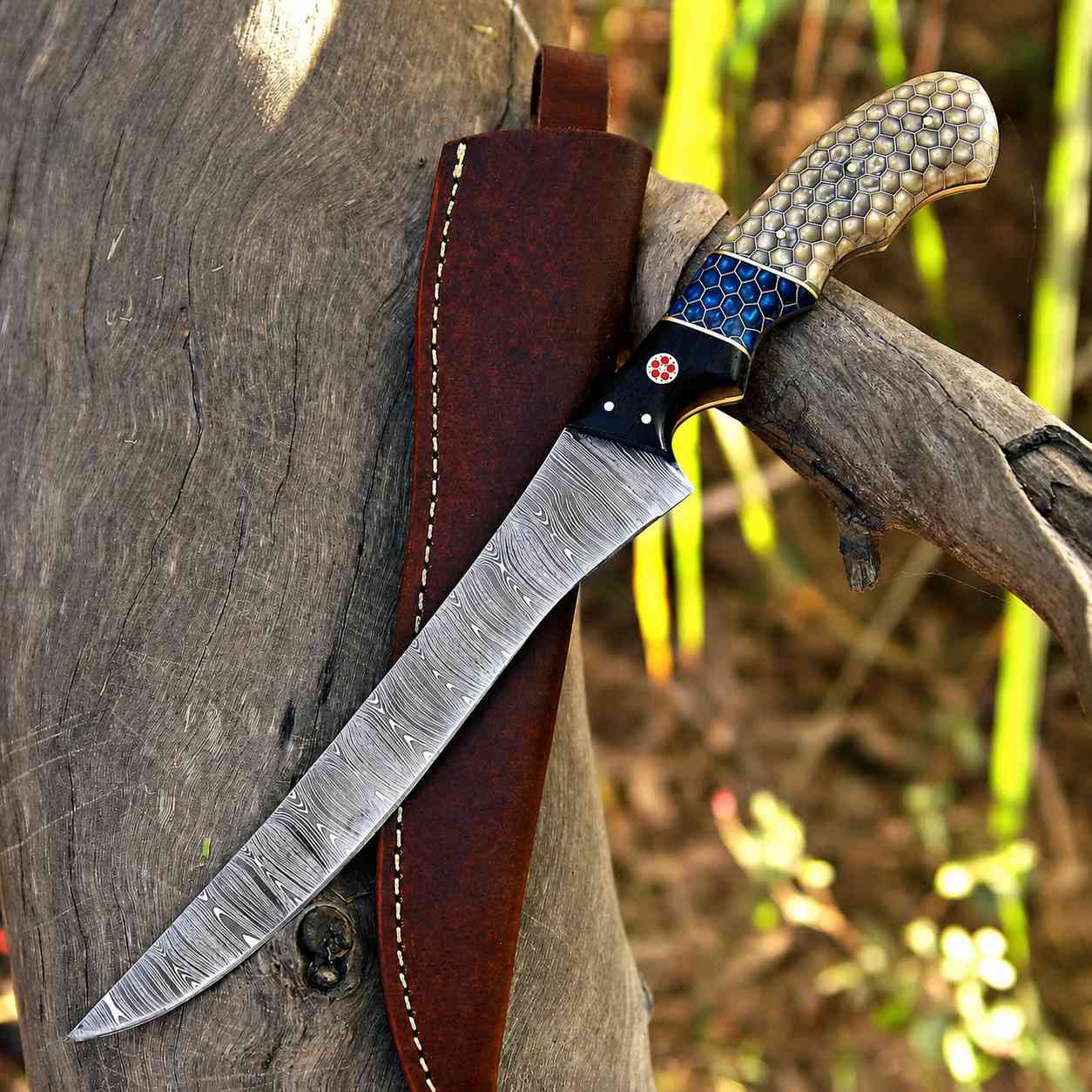 MALIKA KNIVES simple Damascus Fillet Knife – 8" Flexible Blade with Silver Honeycomb Handle
