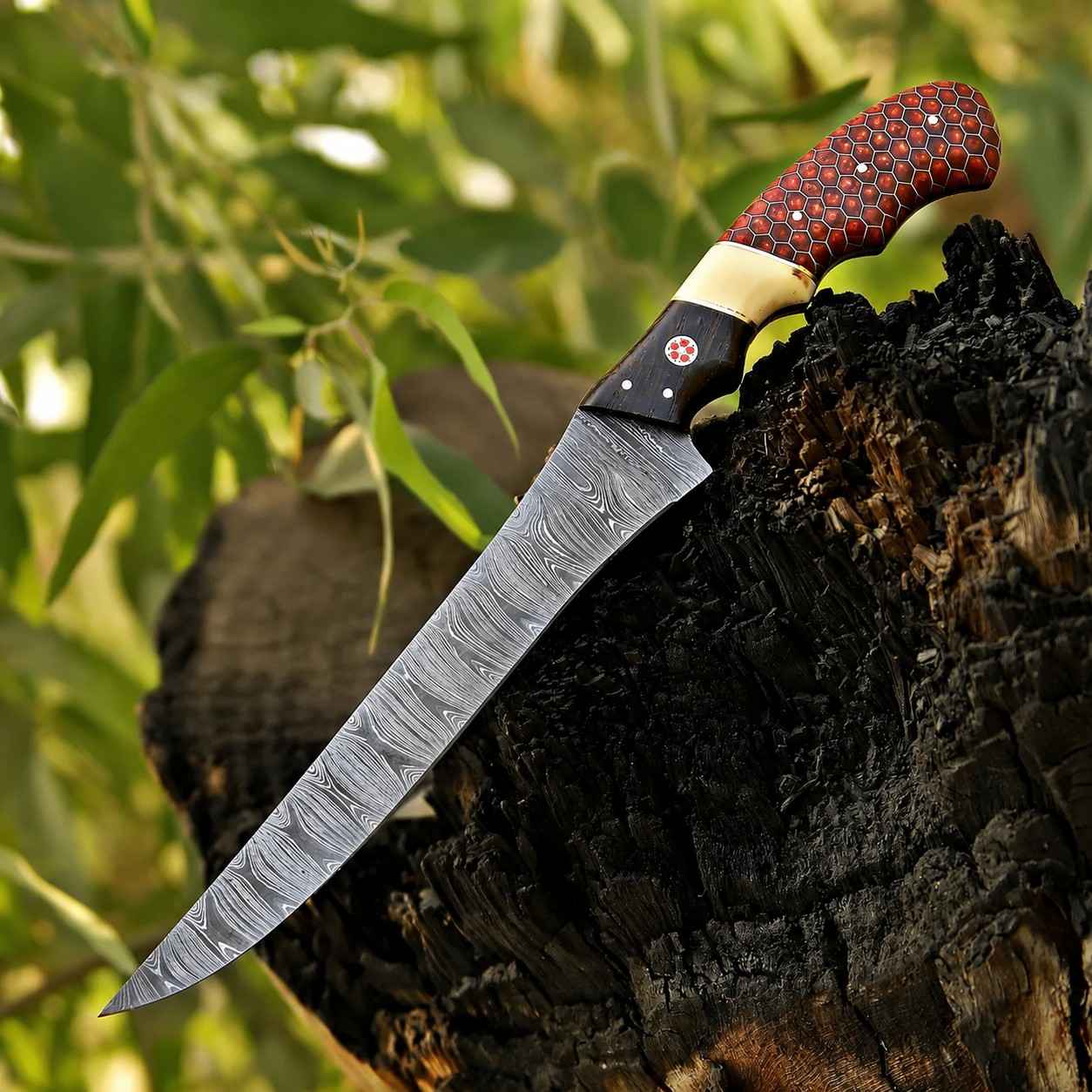 MALIKA KNIVES simple Damascus Fish Fillet Knife – Red Honeycomb & Camel Bone Handle
