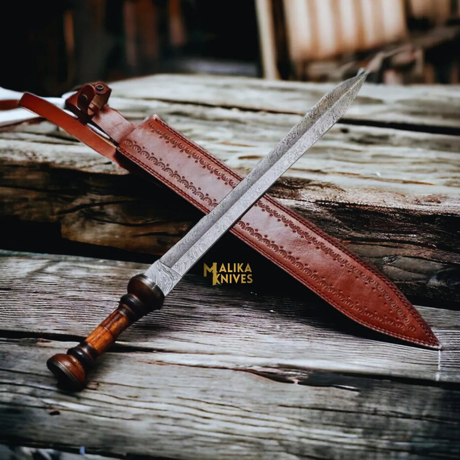 MALIKA KNIVES simple Damascus Gladiator sword with Leather sheath-905