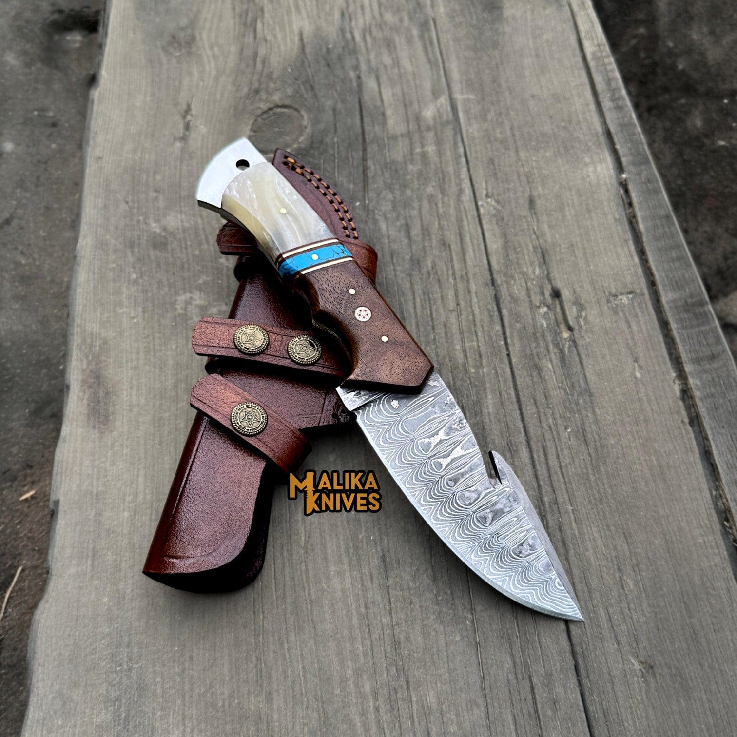 MALIKA KNIVES simple Damascus Gut Hook Hunting Knife with Wood Handle & Sheath