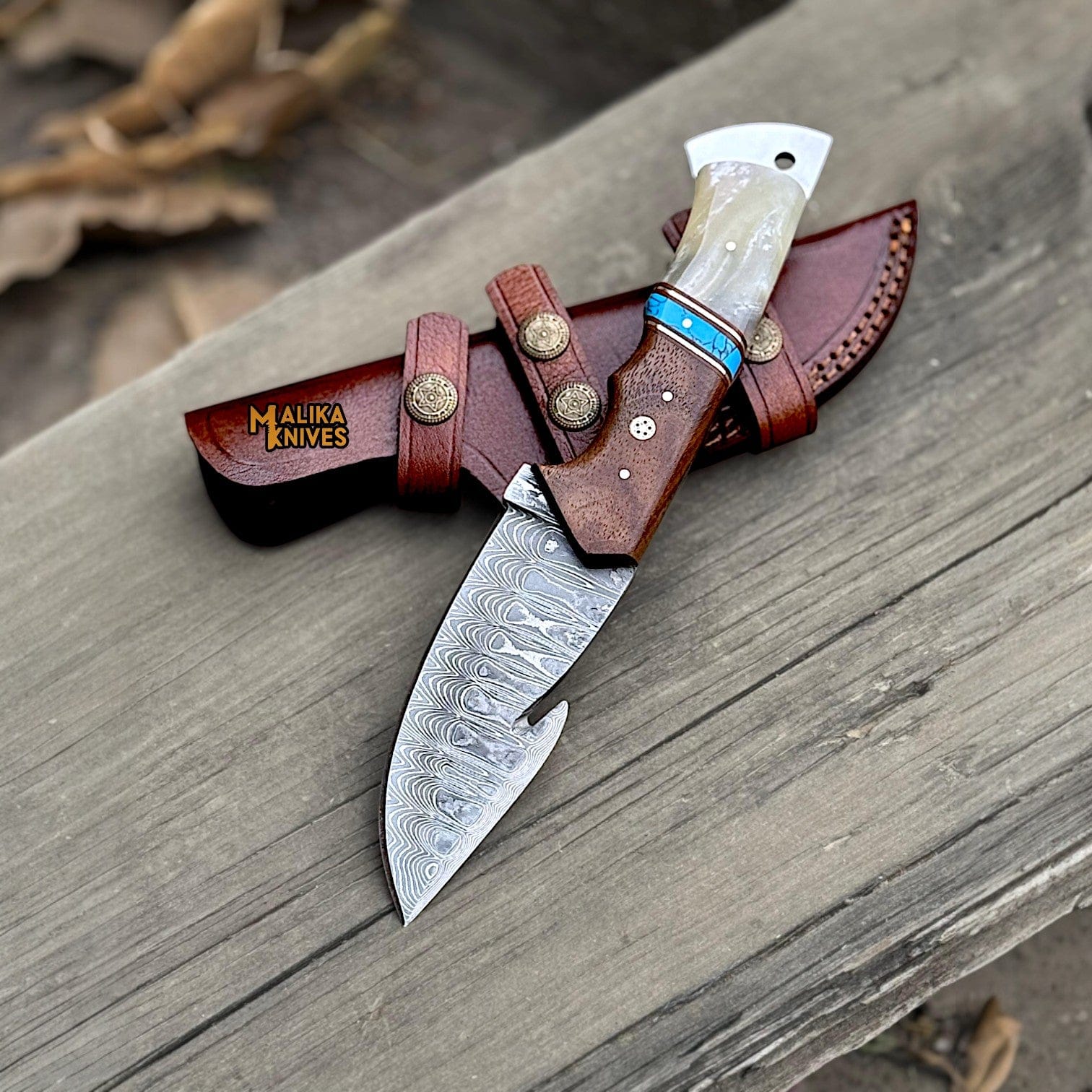 MALIKA KNIVES simple Damascus Gut Hook Hunting Knife with Wood Handle & Sheath