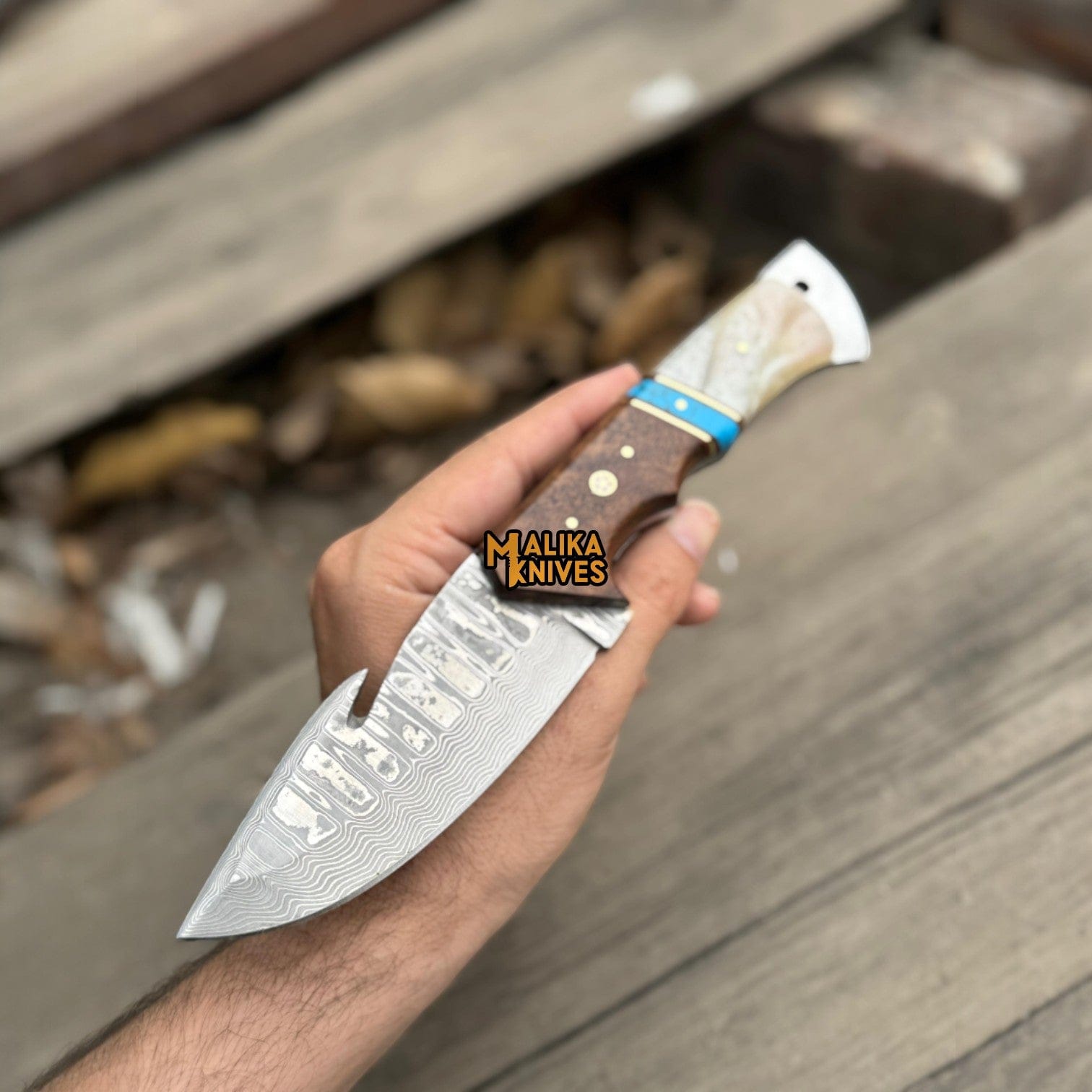 MALIKA KNIVES simple Damascus Gut Hook Hunting Knife with Wood Handle & Sheath
