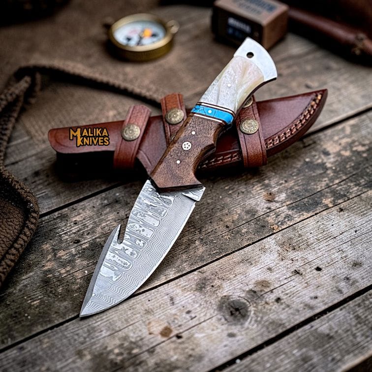MALIKA KNIVES simple Damascus Gut Hook Hunting Knife with Wood Handle & Sheath