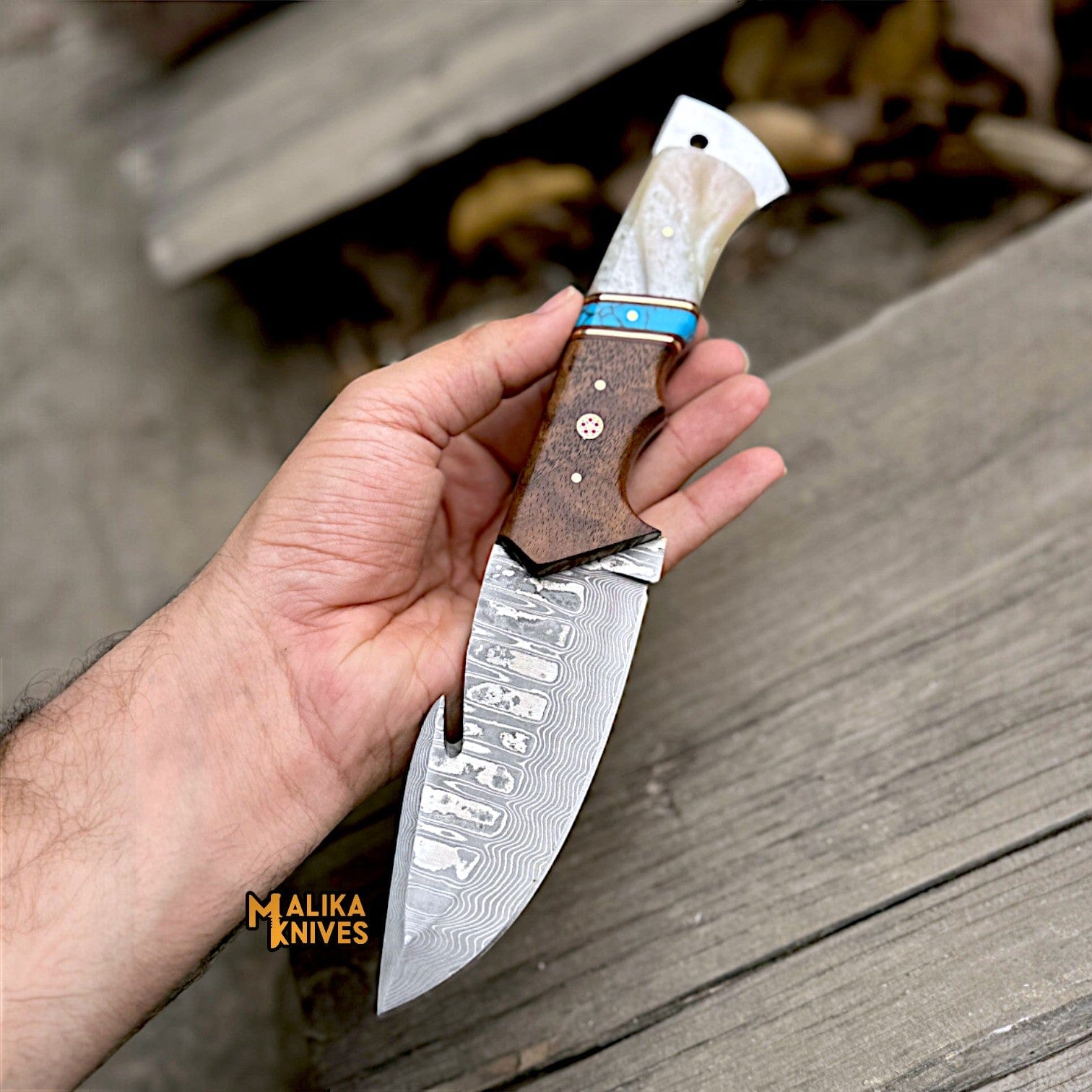 MALIKA KNIVES simple Damascus Gut Hook Hunting Knife with Wood Handle & Sheath
