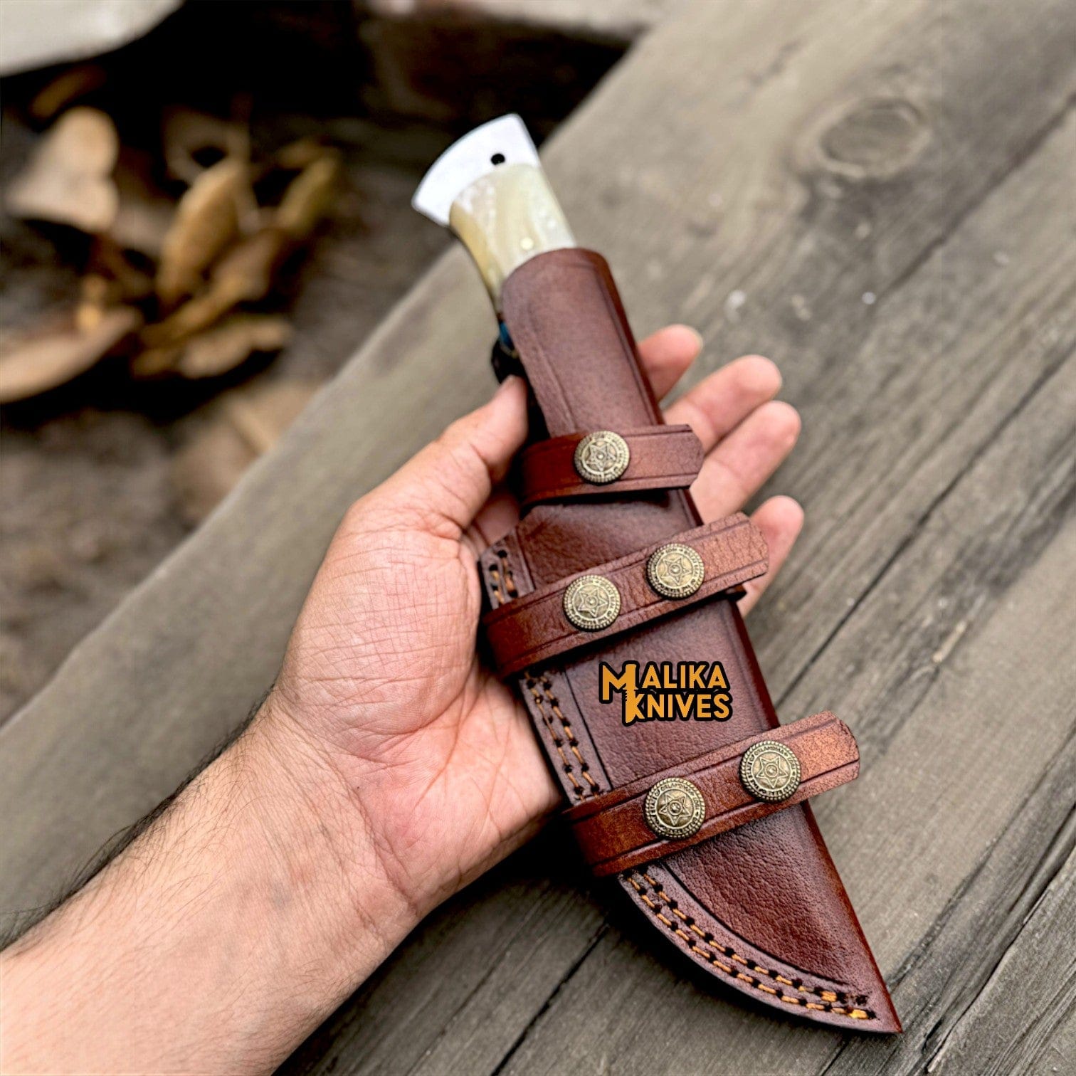 MALIKA KNIVES simple Damascus Gut Hook Hunting Knife with Wood Handle & Sheath
