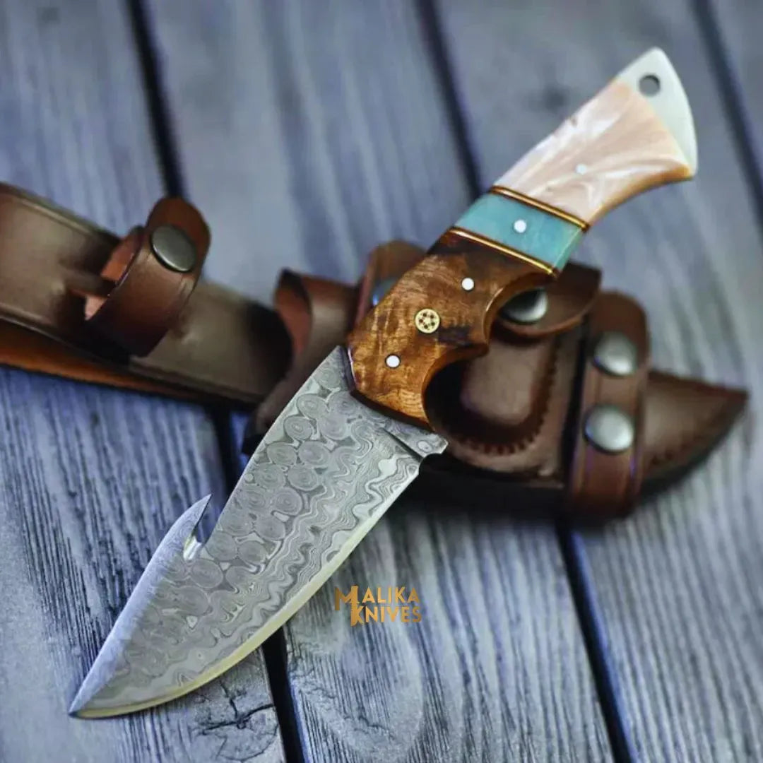 MALIKA KNIVES simple Damascus Gut Hook Hunting Knife Wood Resin Handle