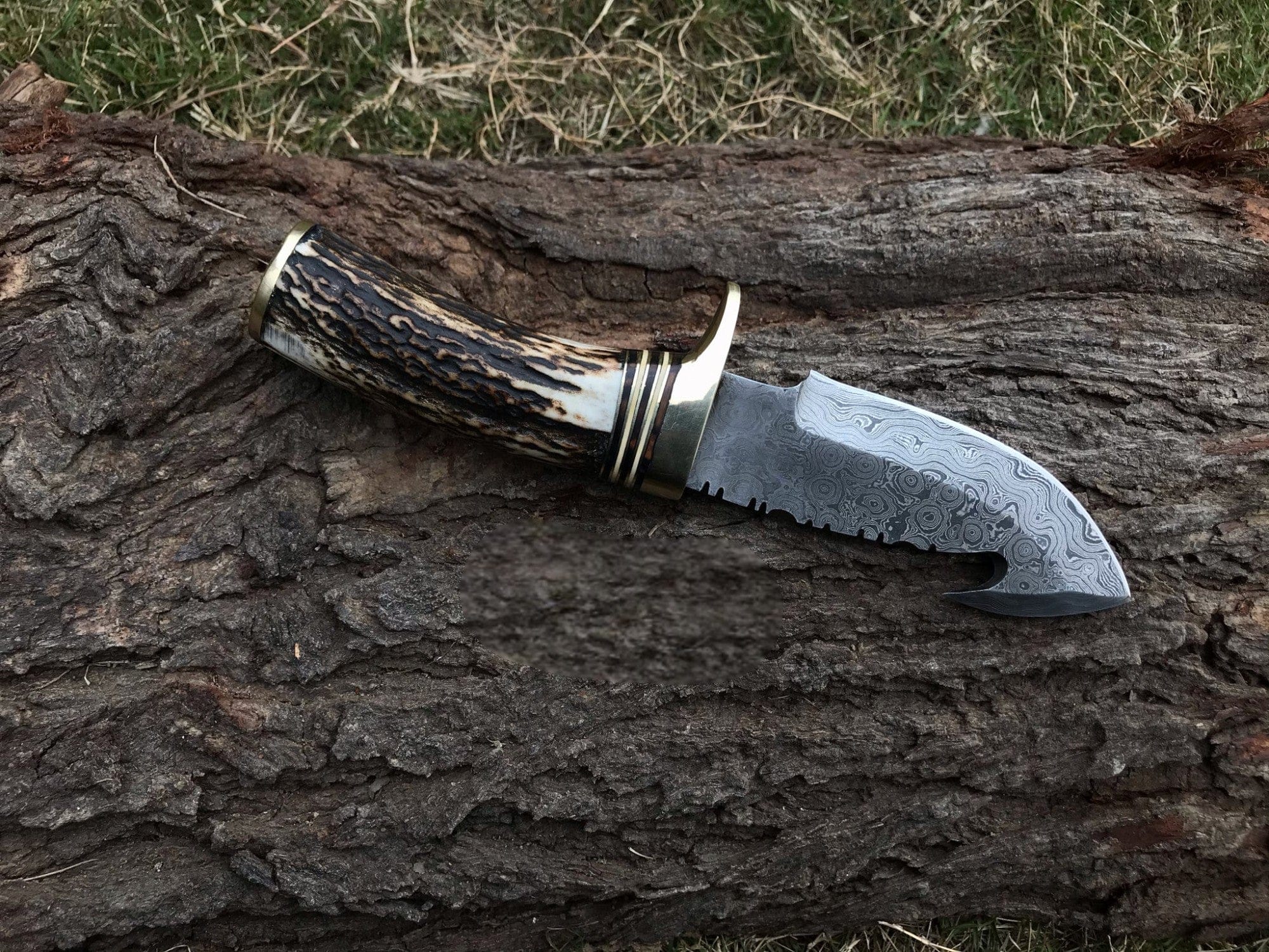MALIKA KNIVES simple Damascus Gut Hook Skinning Knife – Stag Horn Handle
