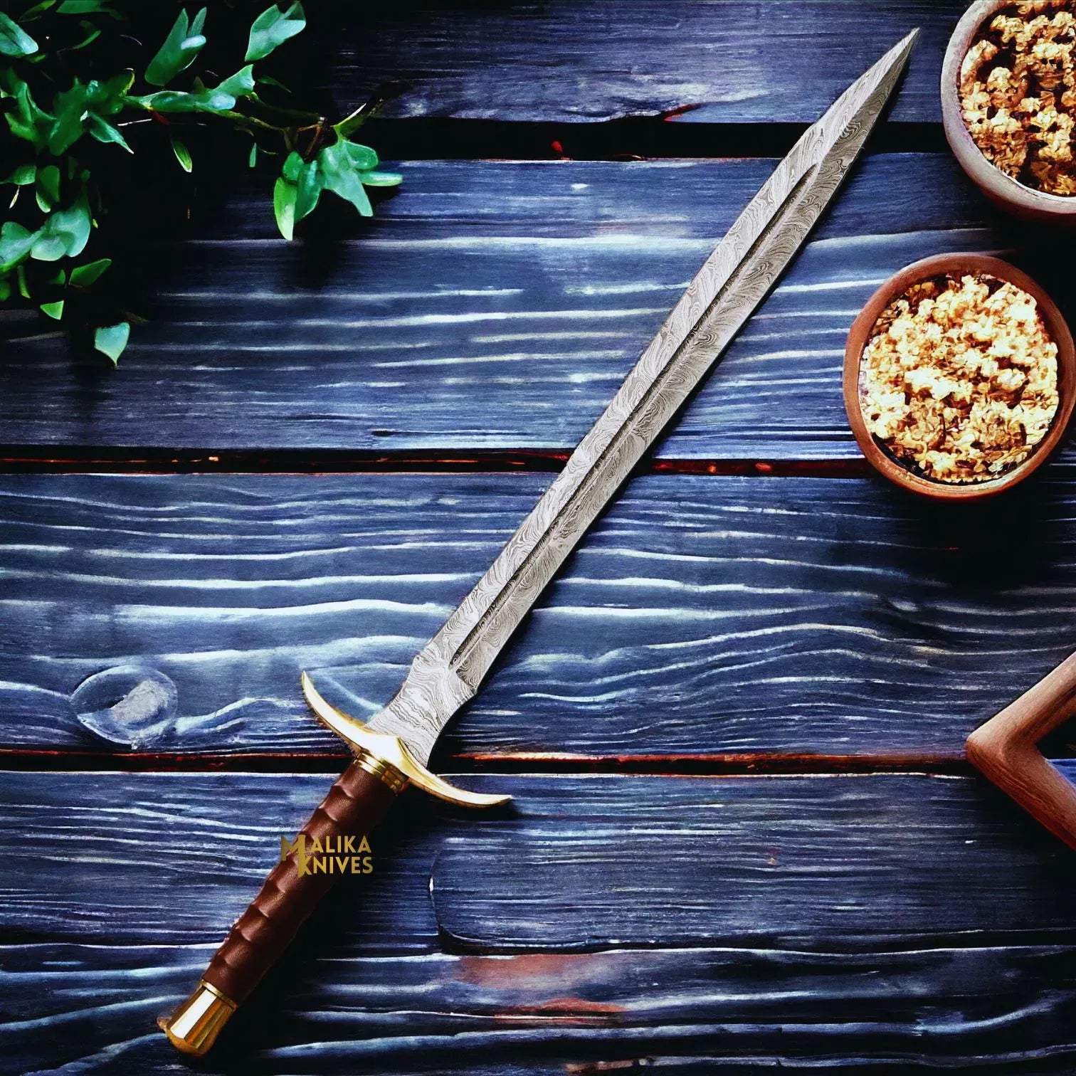 MALIKA KNIVES simple Damascus Kingslayer Arming Sword with Leather sheath-904