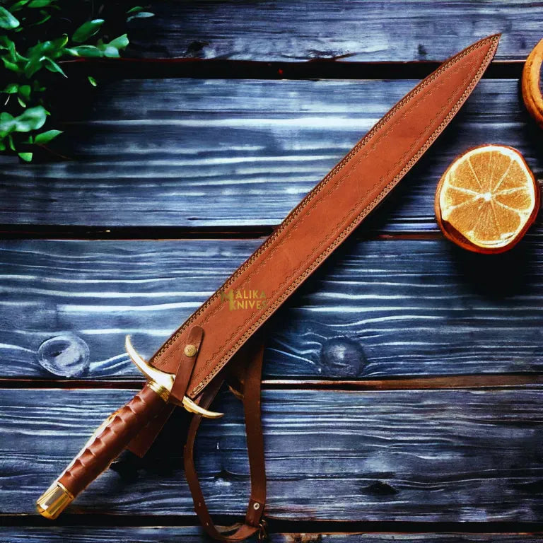MALIKA KNIVES simple Damascus Kingslayer Arming Sword with Leather sheath-904