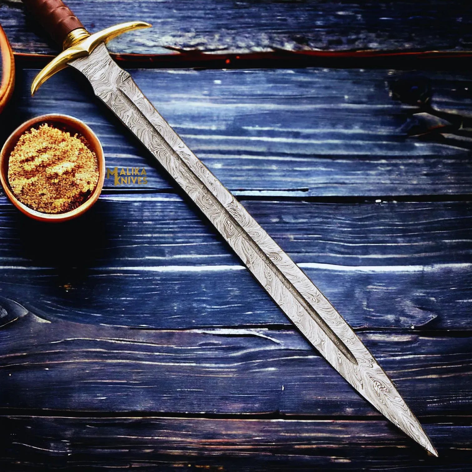 MALIKA KNIVES simple Damascus Kingslayer Arming Sword with Leather sheath-904