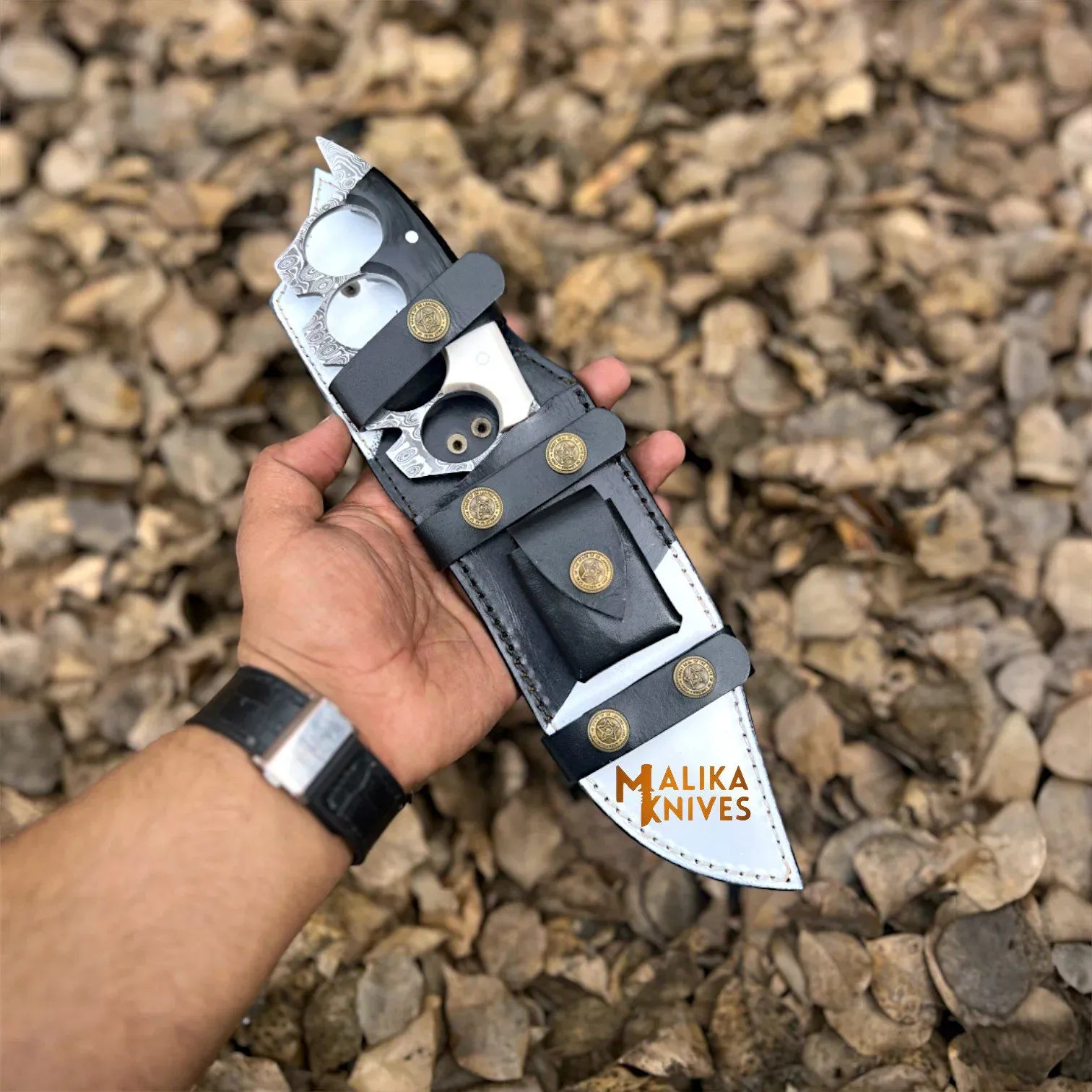 MALIKA KNIVES simple Damascus Knuckle Bowie Knife Resin Handle Leather Sheath
