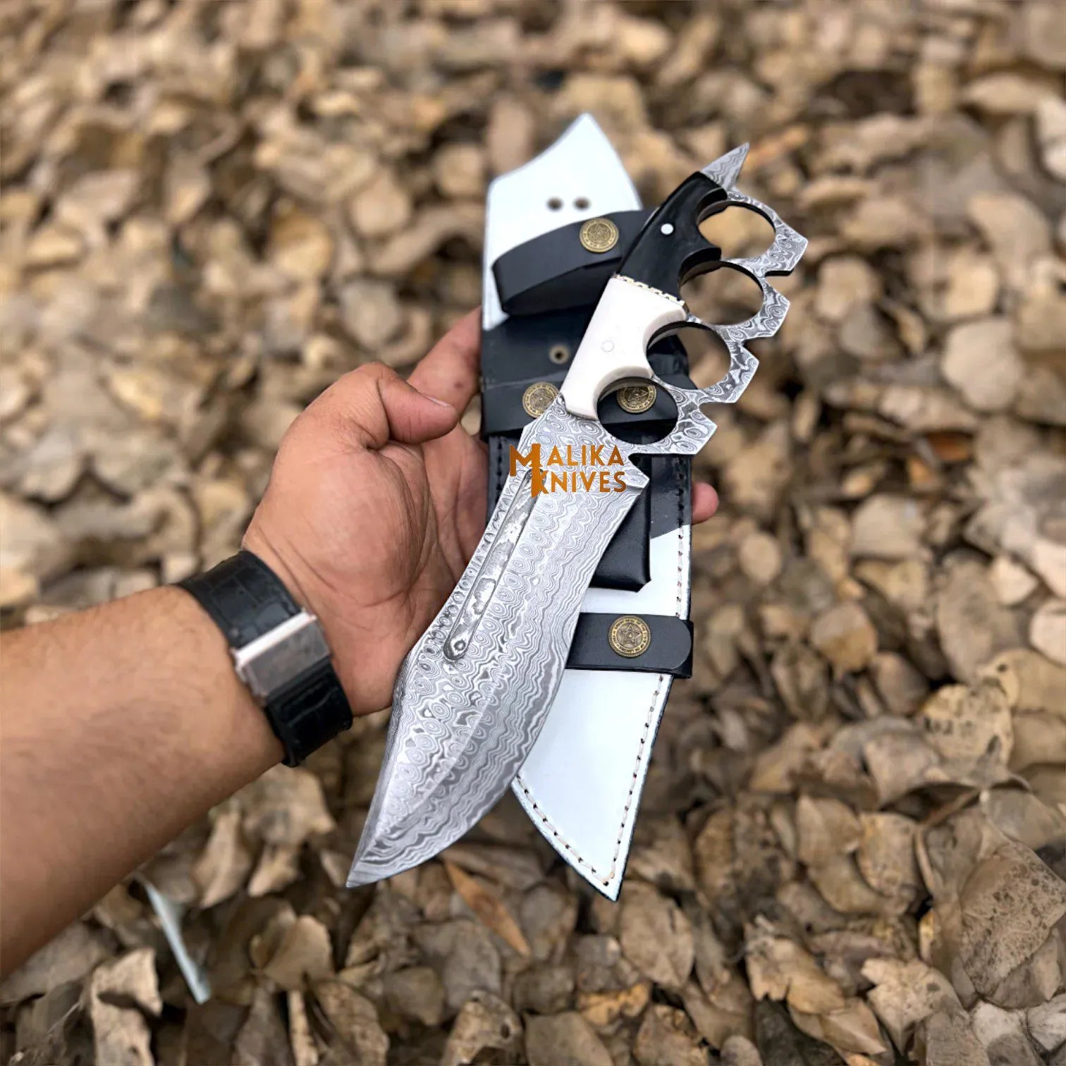 MALIKA KNIVES simple Damascus Knuckle Bowie Knife Resin Handle Leather Sheath