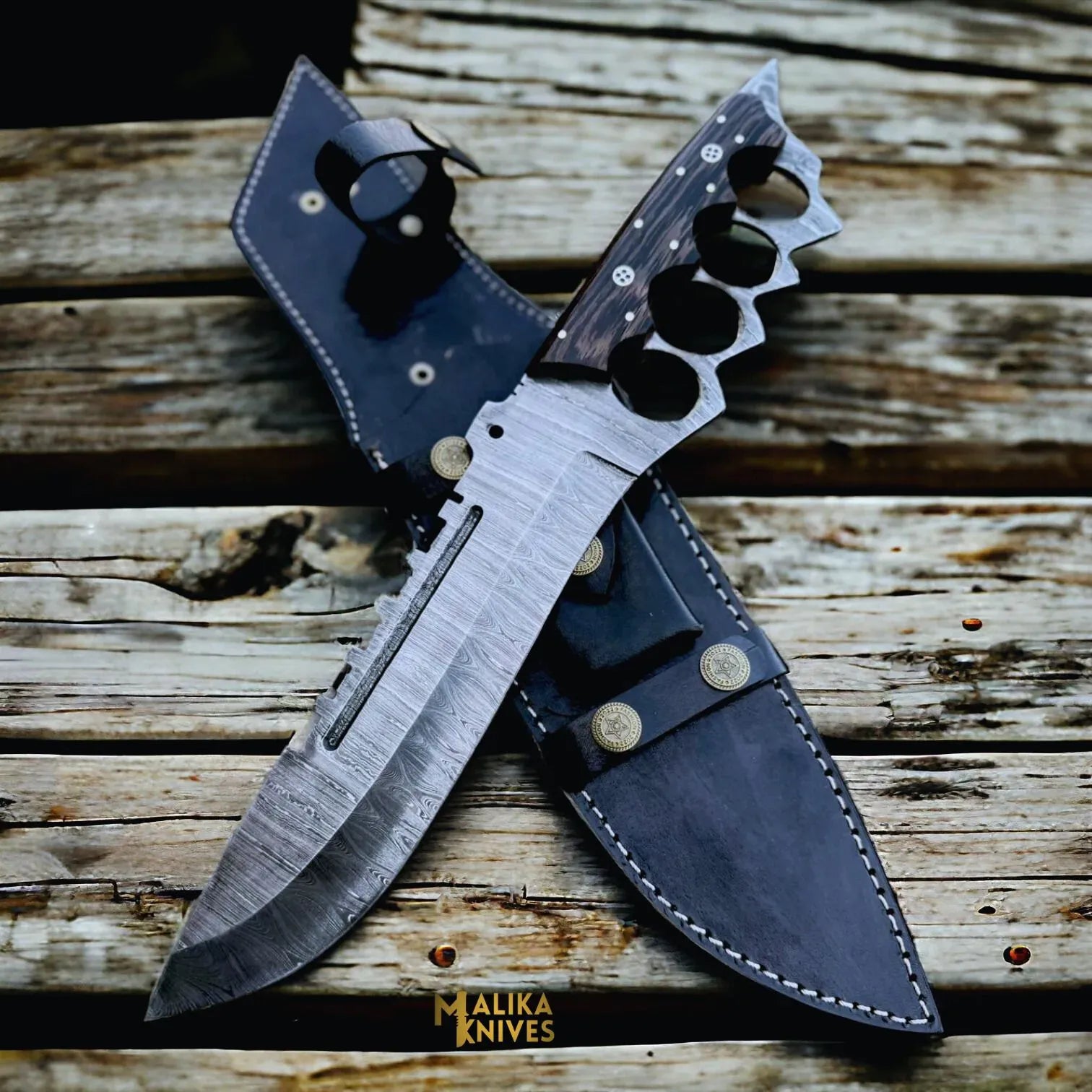 MALIKA KNIVES simple Damascus Knuckle Bowie Knife Wenge Wood Full Tang