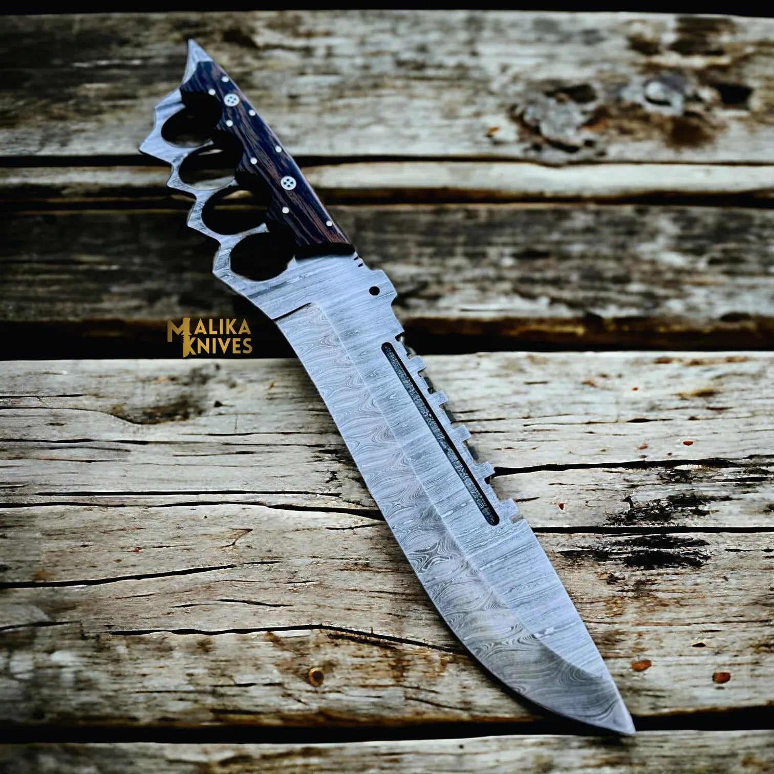 MALIKA KNIVES simple Damascus Knuckle Bowie Knife Wenge Wood Full Tang