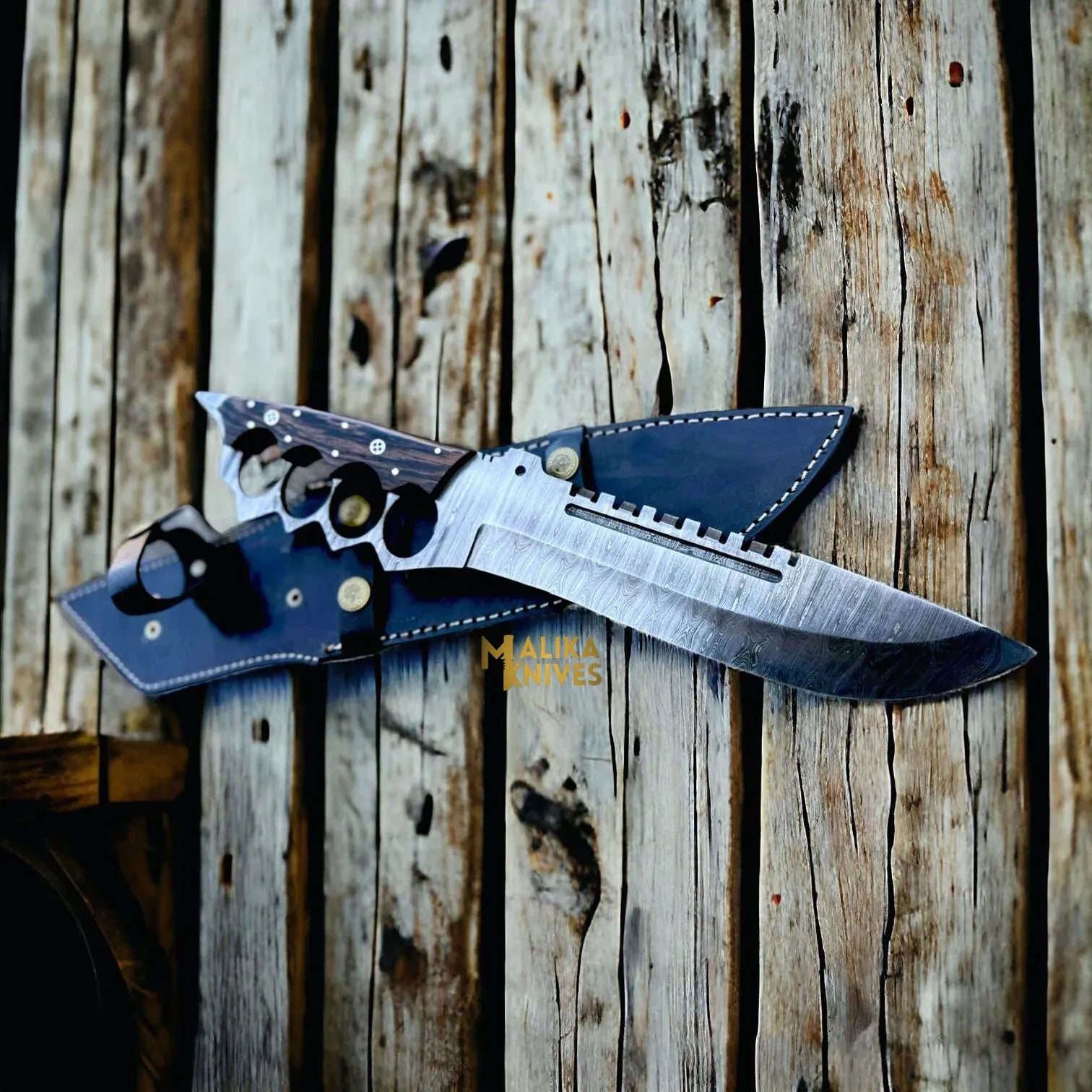 MALIKA KNIVES simple Damascus Knuckle Bowie Knife Wenge Wood Full Tang