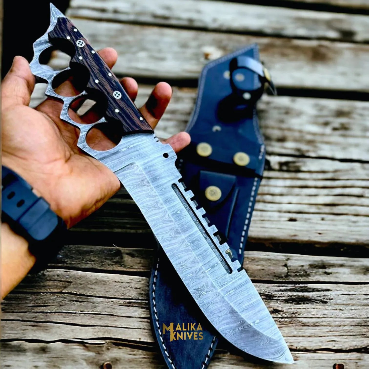 MALIKA KNIVES simple Damascus Knuckle Bowie Knife Wenge Wood Full Tang