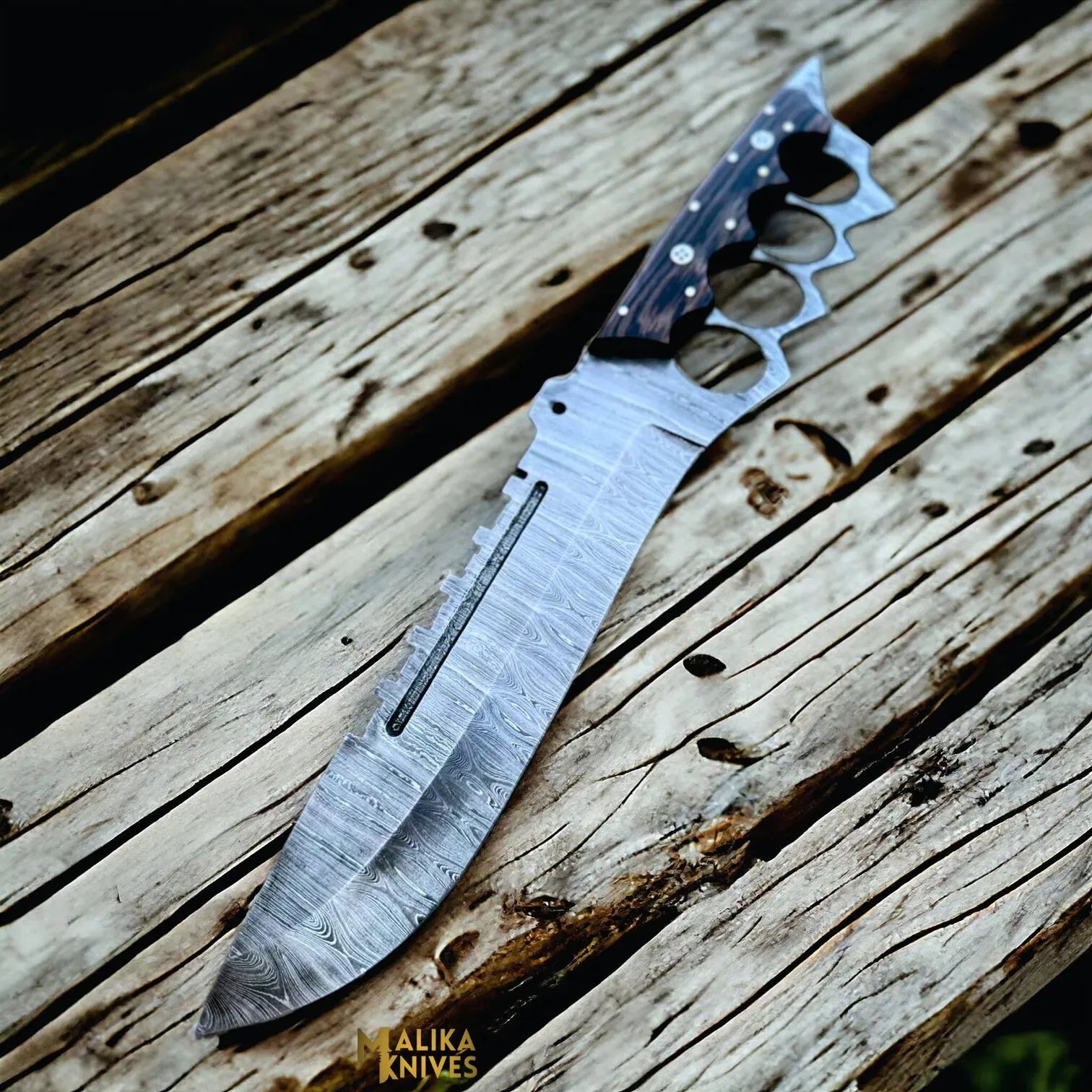 MALIKA KNIVES simple Damascus Knuckle Bowie Knife Wenge Wood Full Tang