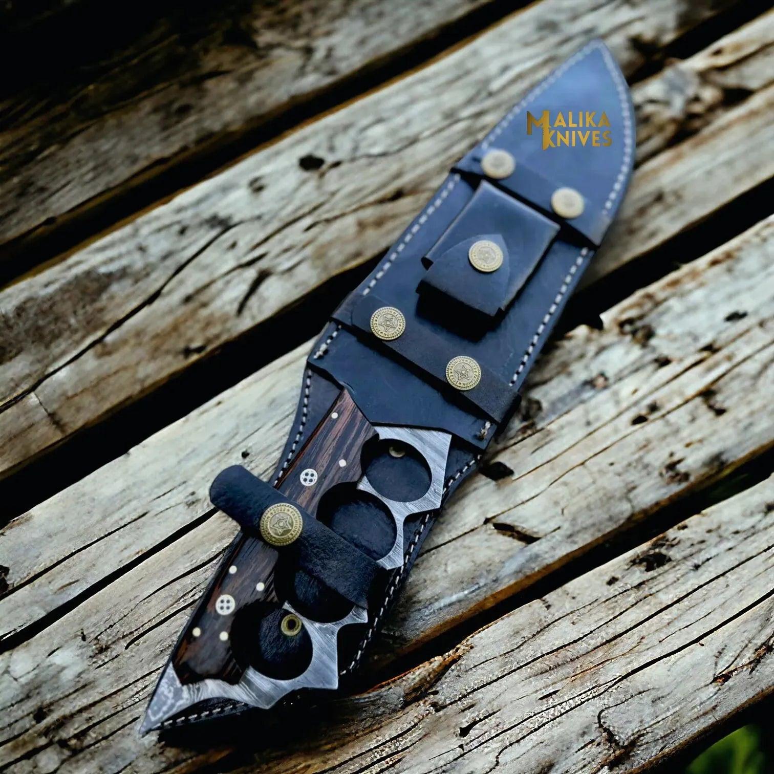 MALIKA KNIVES simple Damascus Knuckle Bowie Knife Wenge Wood Full Tang