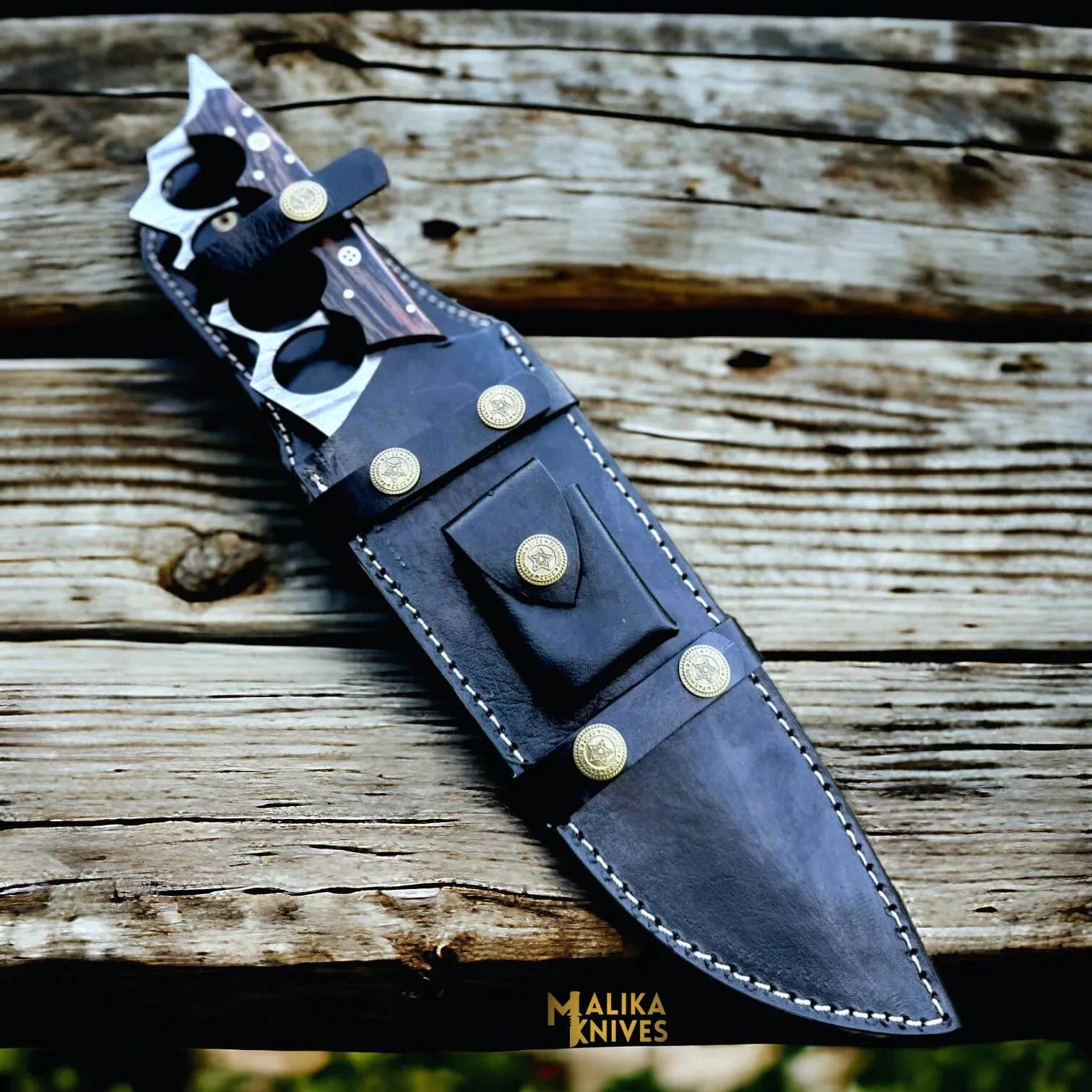 MALIKA KNIVES simple Damascus Knuckle Bowie Knife Wenge Wood Full Tang