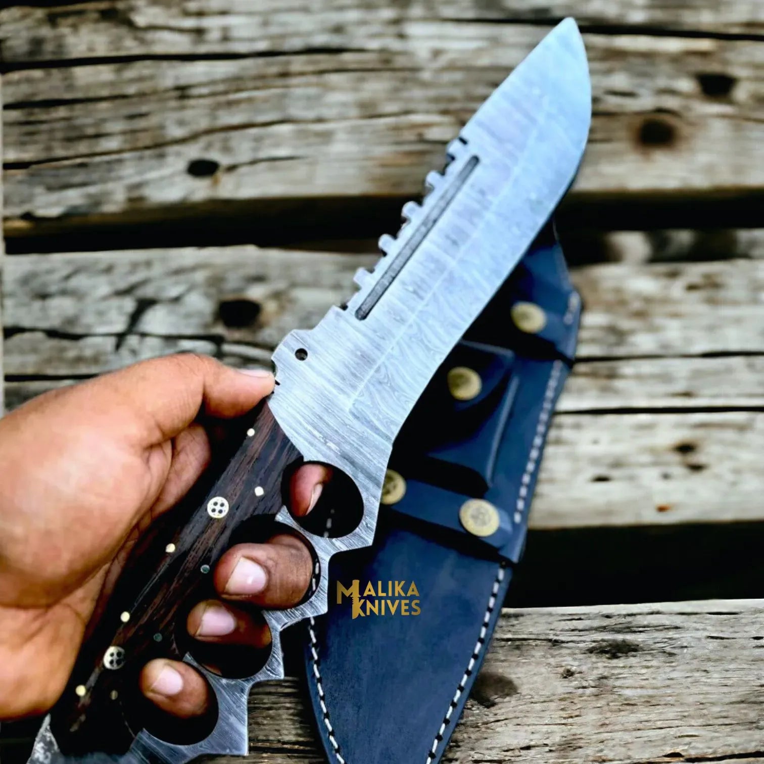 MALIKA KNIVES simple Damascus Knuckle Bowie Knife Wenge Wood Full Tang