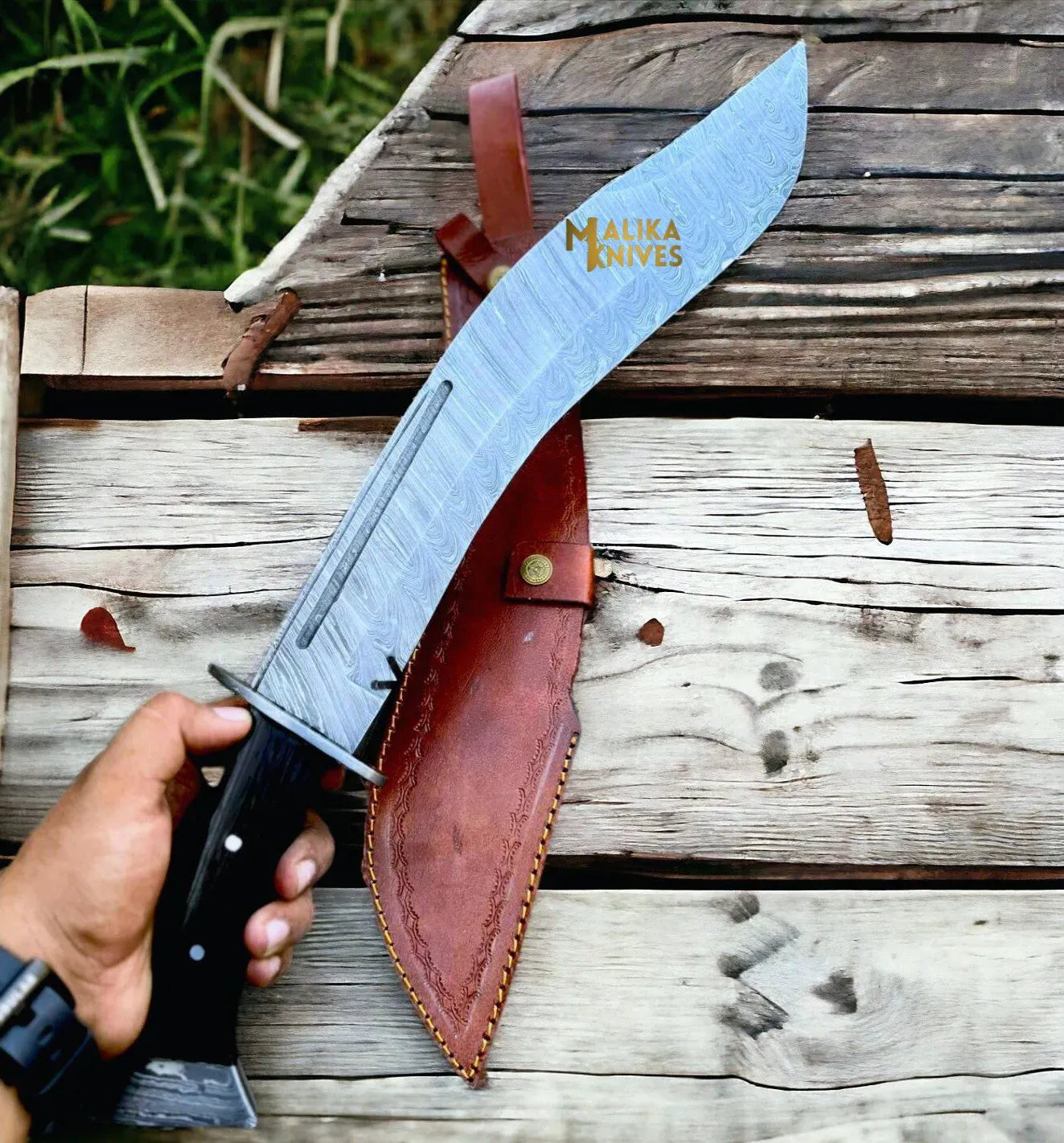 MALIKA KNIVES simple Damascus Kukri Bowie Knife Wenge Wood Full Tang