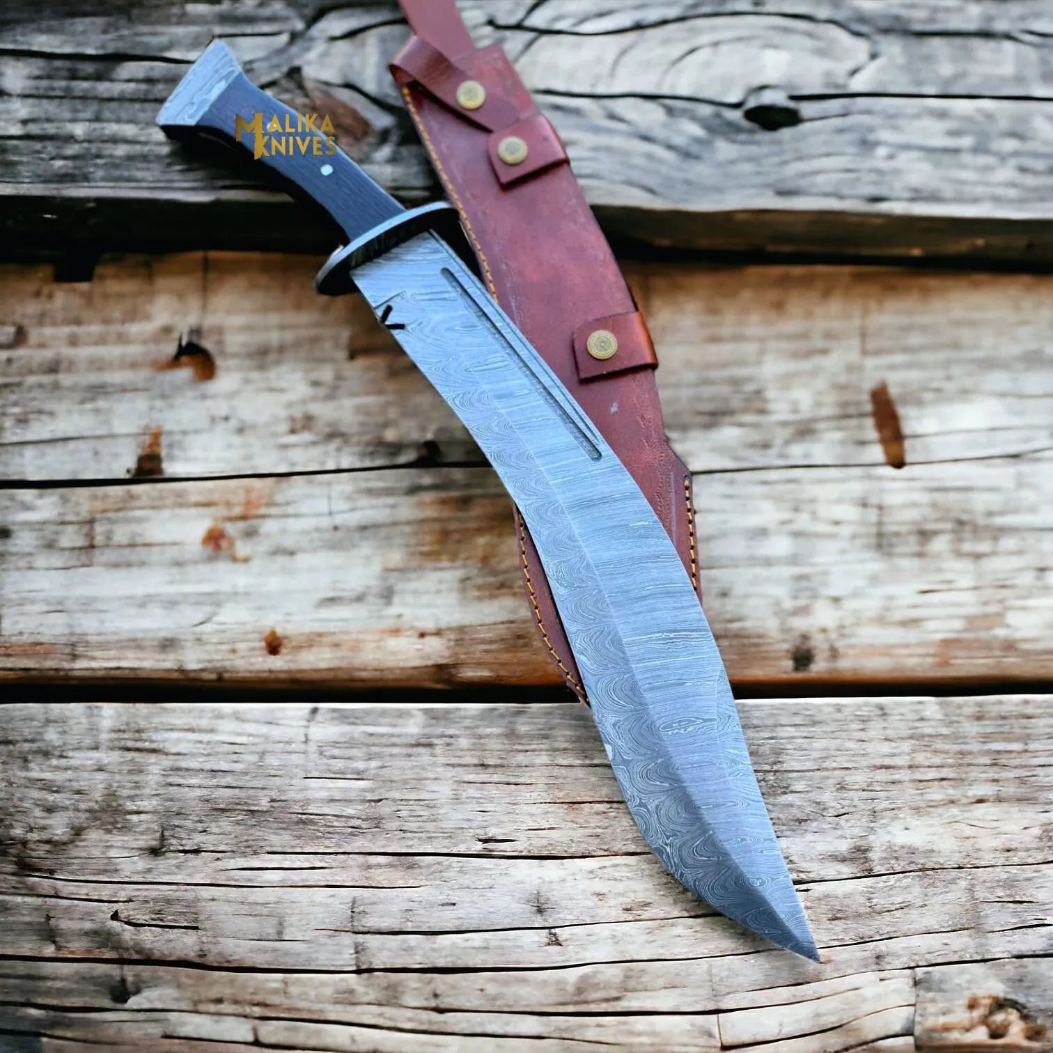 MALIKA KNIVES simple Damascus Kukri Bowie Knife Wenge Wood Full Tang