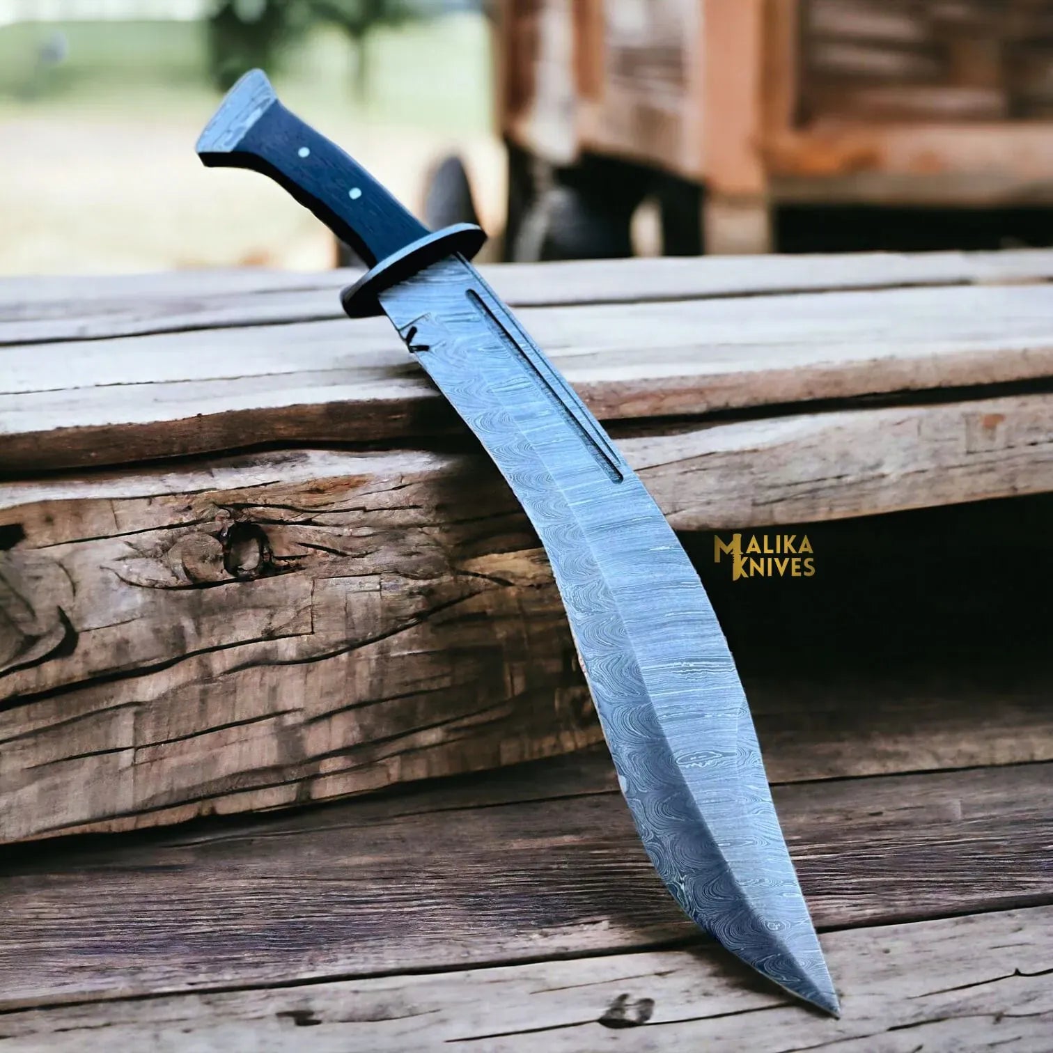 MALIKA KNIVES simple Damascus Kukri Bowie Knife Wenge Wood Full Tang