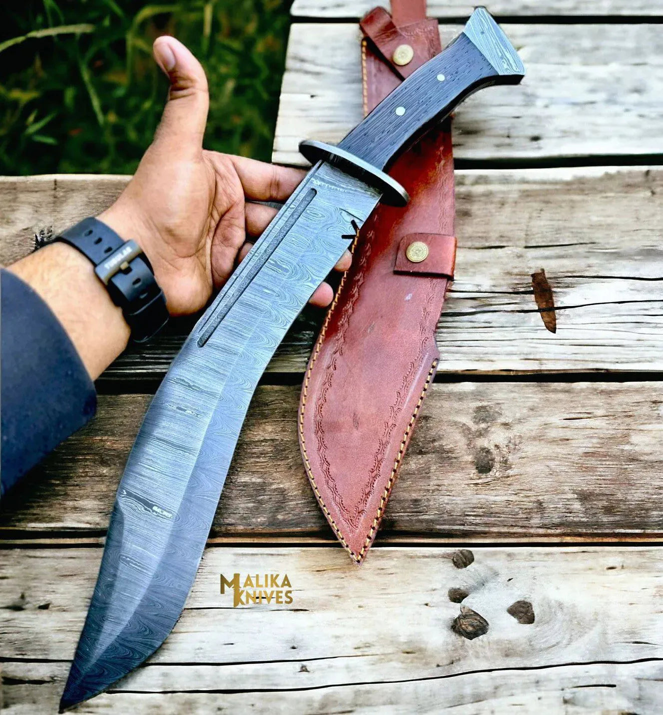 MALIKA KNIVES simple Damascus Kukri Bowie Knife Wenge Wood Full Tang