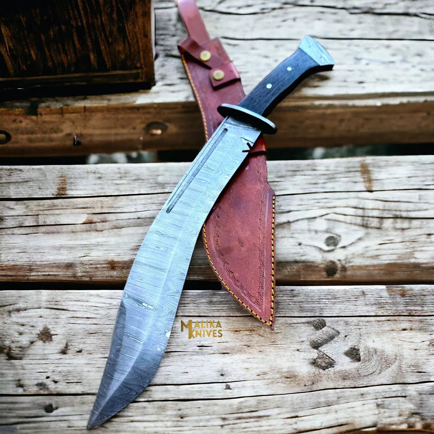 MALIKA KNIVES simple Damascus Kukri Bowie Knife Wenge Wood Full Tang