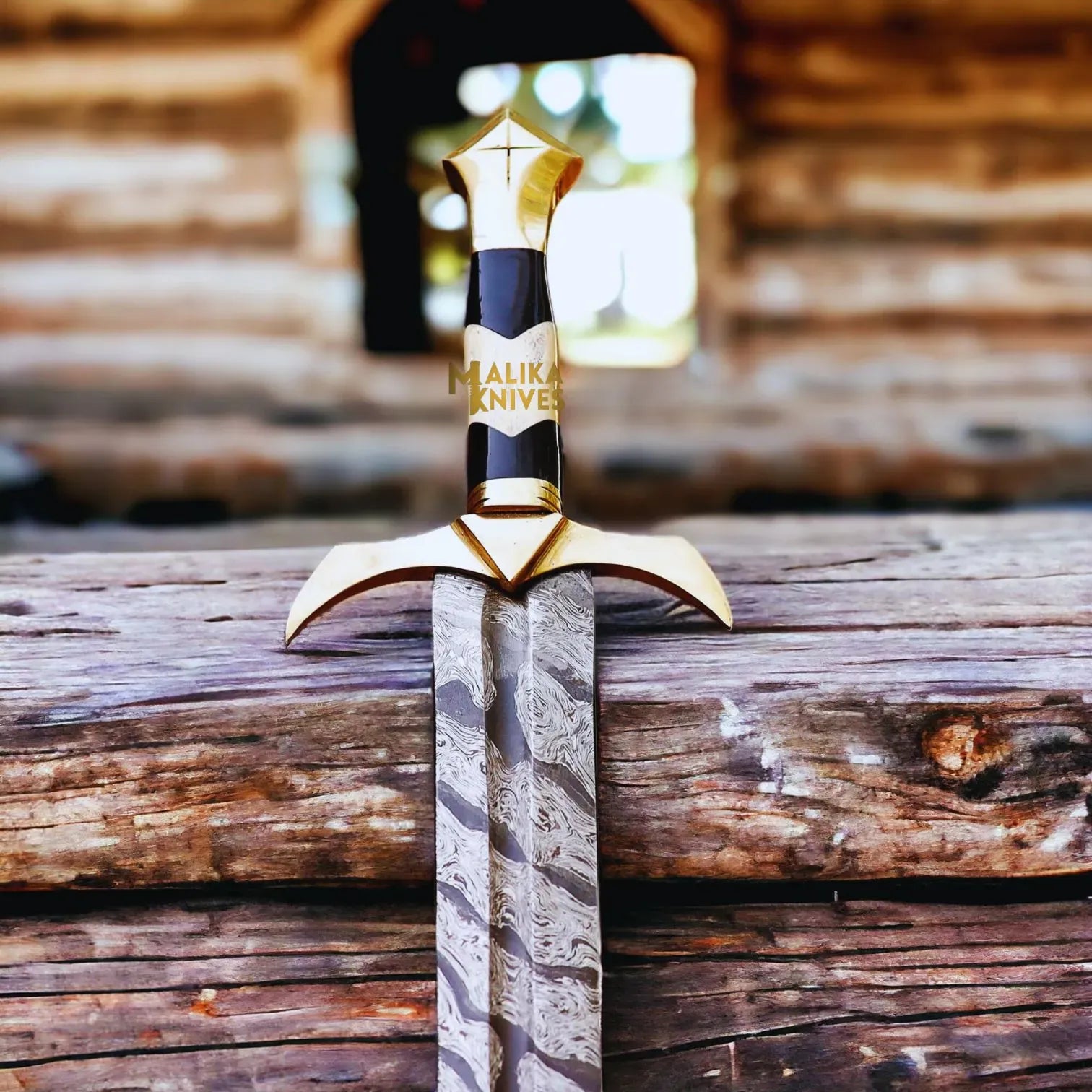 MALIKA KNIVES simple Damascus Medieval Arming Sword with Leather sheath-906