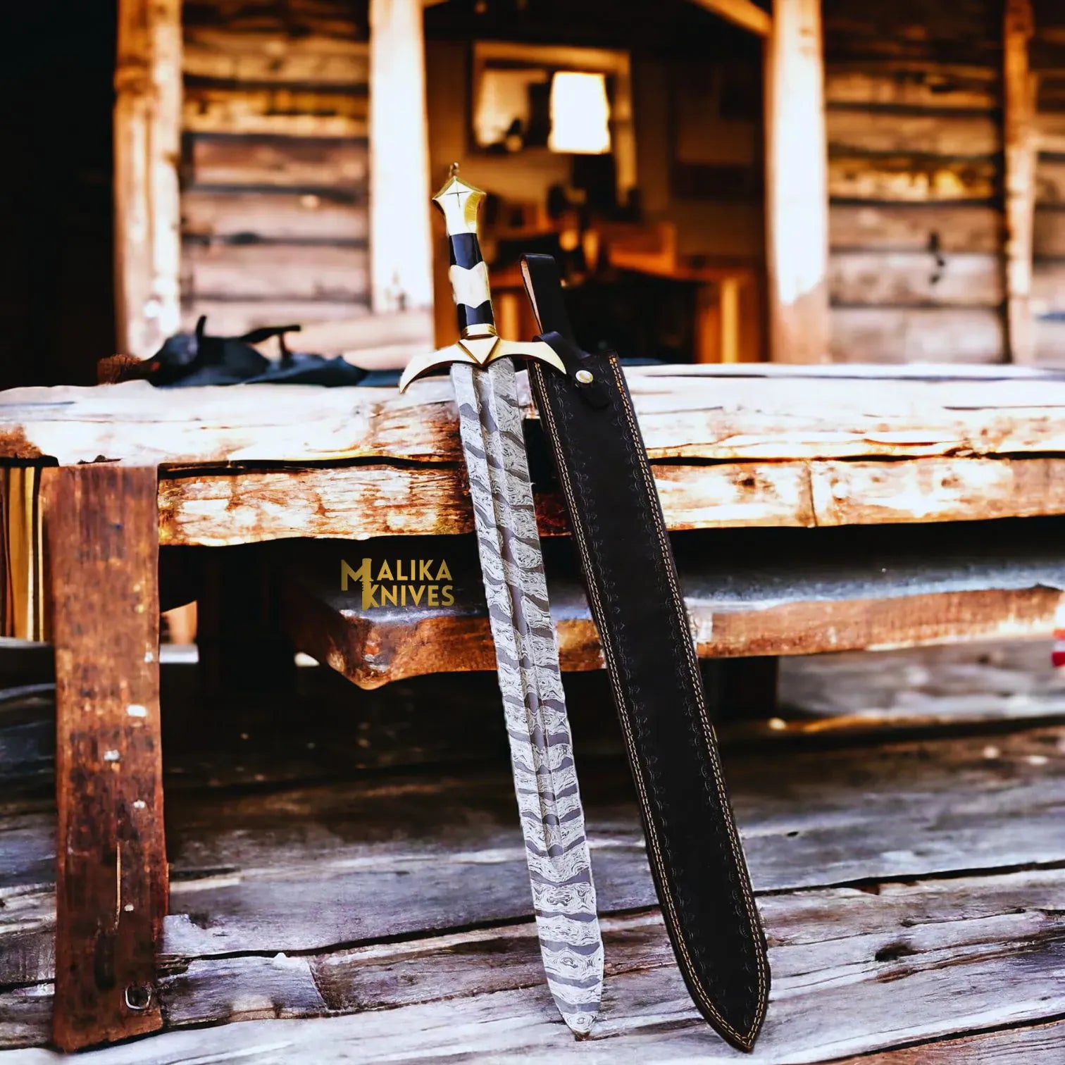 MALIKA KNIVES simple Damascus Medieval Arming Sword with Leather sheath-906