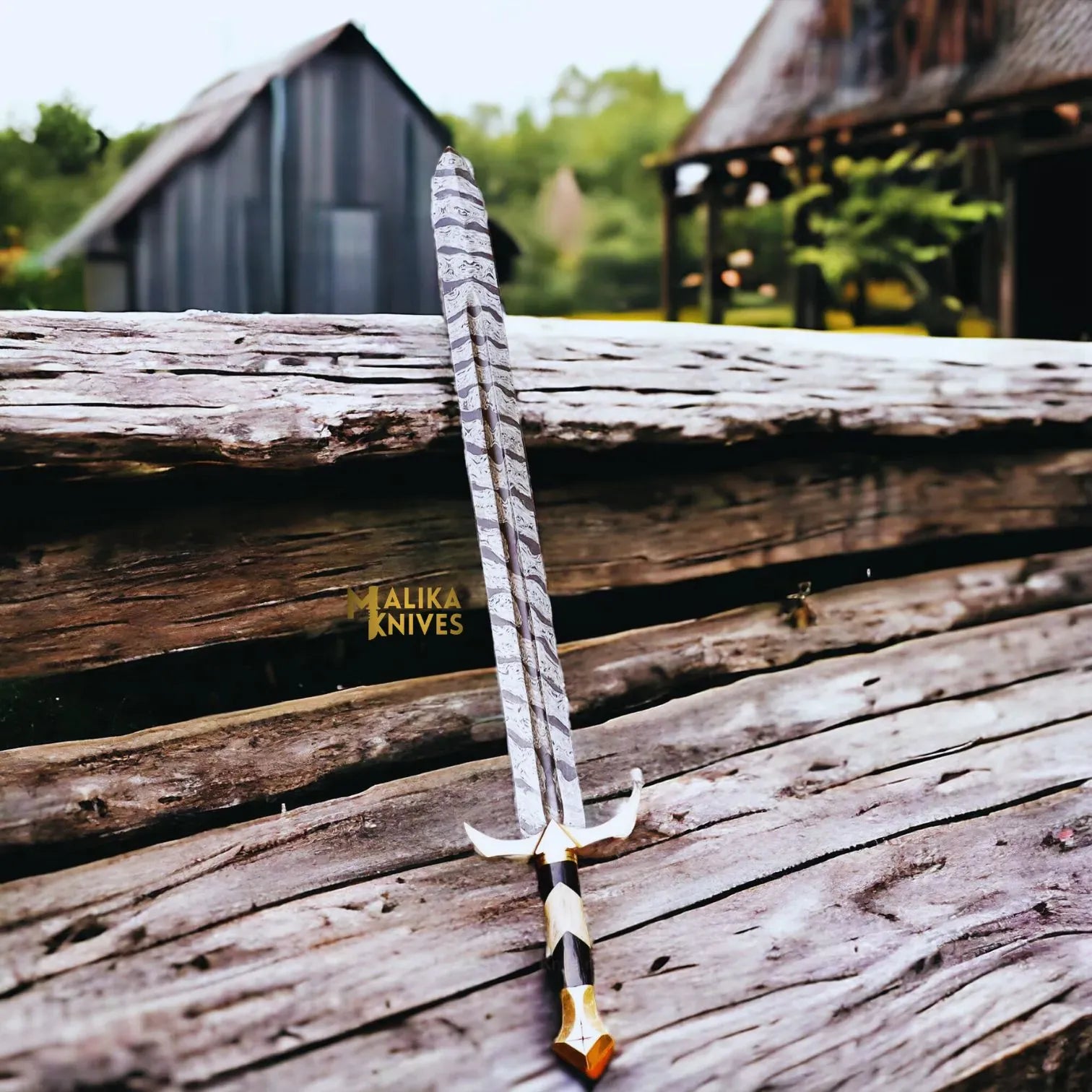 MALIKA KNIVES simple Damascus Medieval Arming Sword with Leather sheath-906