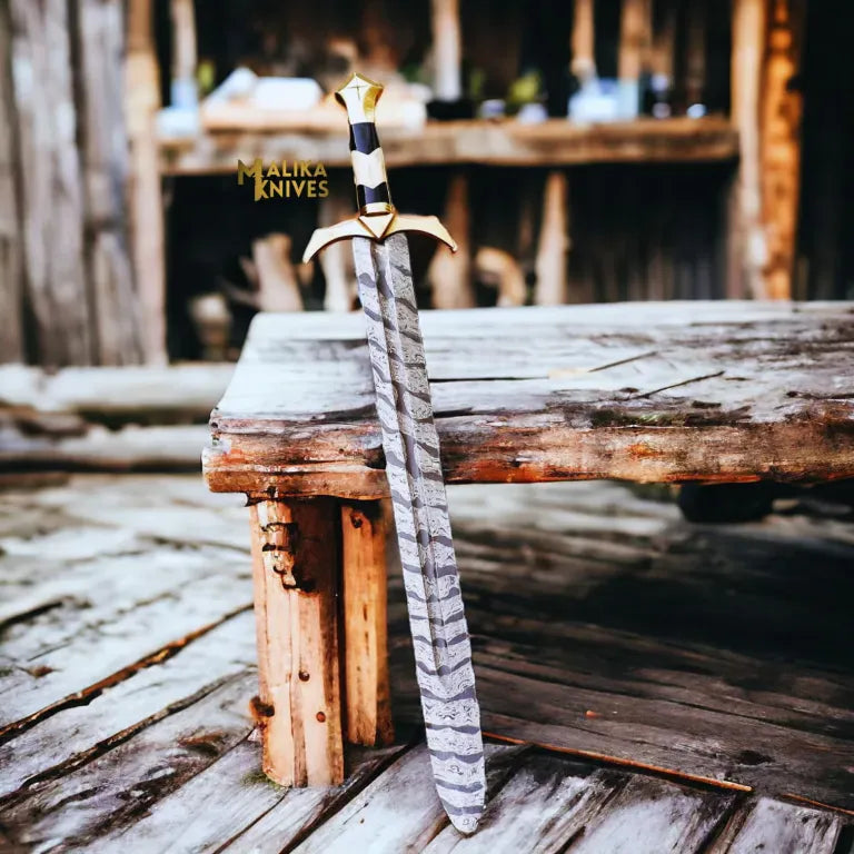 MALIKA KNIVES simple Damascus Medieval Arming Sword with Leather sheath-906