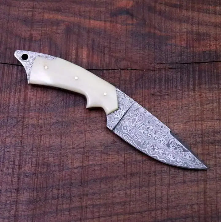 MALIKA KNIVES simple Damascus Skinner Knife with Camel Bone handle
