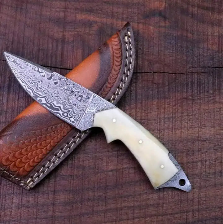 MALIKA KNIVES simple Damascus Skinner Knife with Camel Bone handle