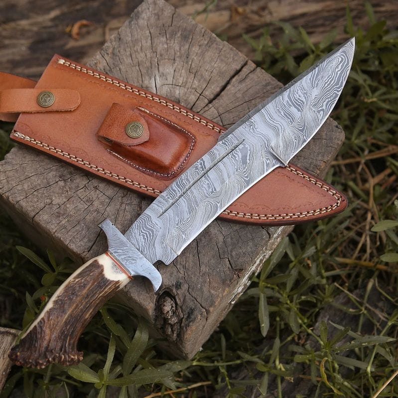 MALIKA KNIVES simple Damascus Stag Bowie Knife with Leather Sheath