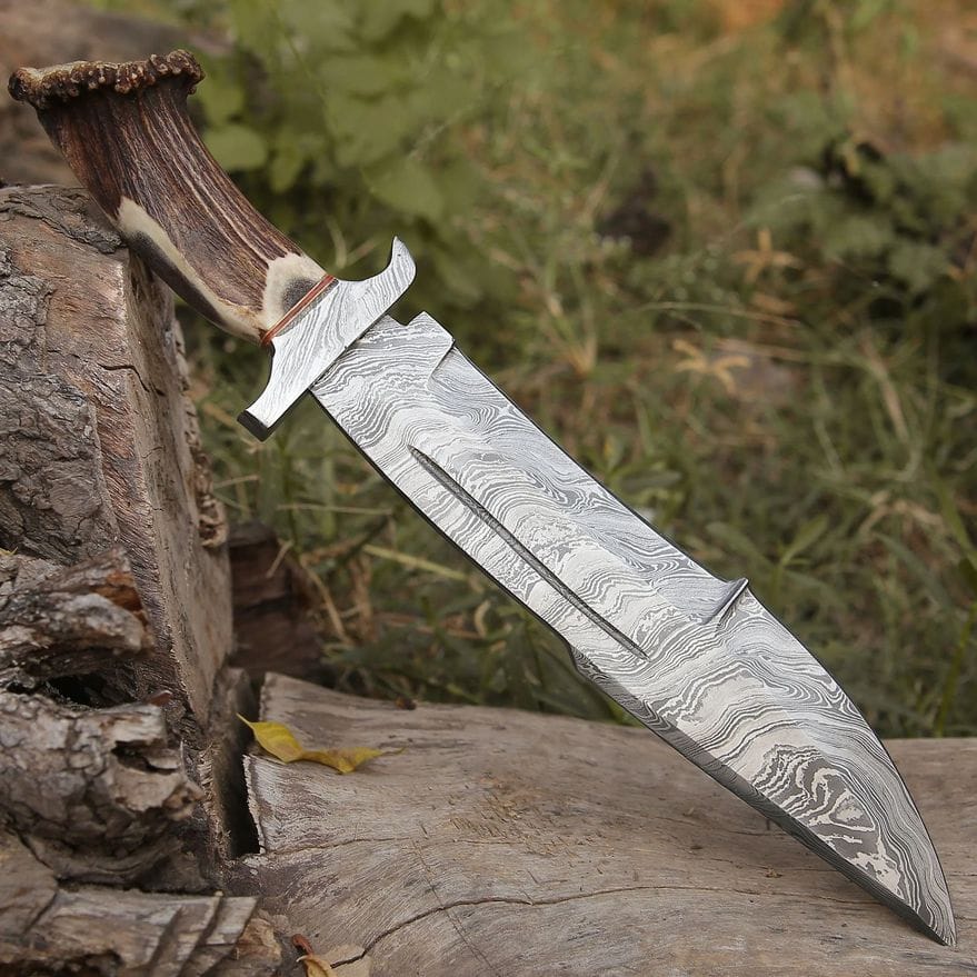 MALIKA KNIVES simple Damascus Stag Bowie Knife with Leather Sheath
