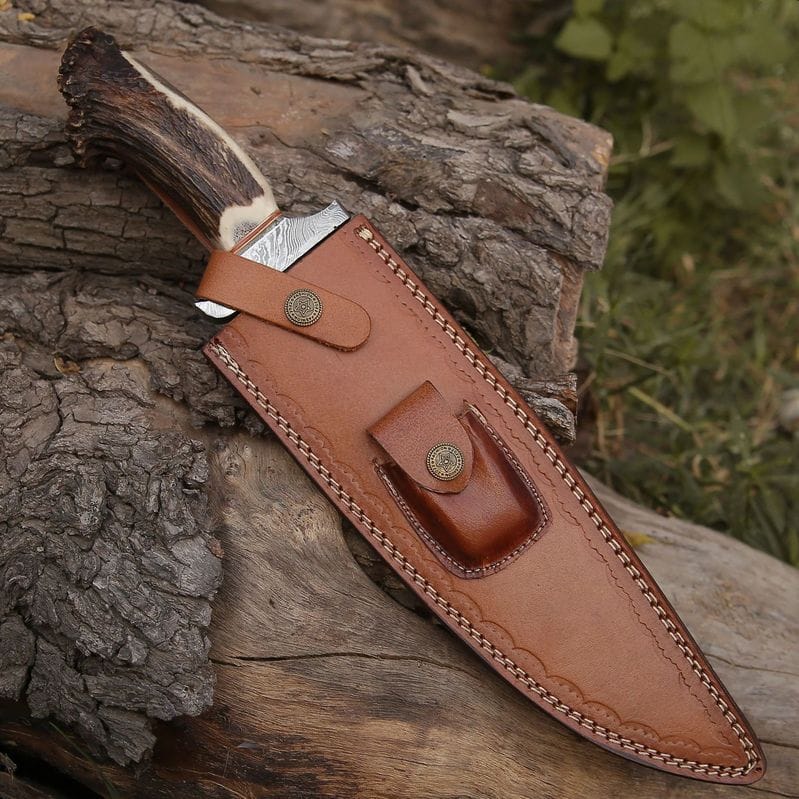 MALIKA KNIVES simple Damascus Stag Bowie Knife with Leather Sheath