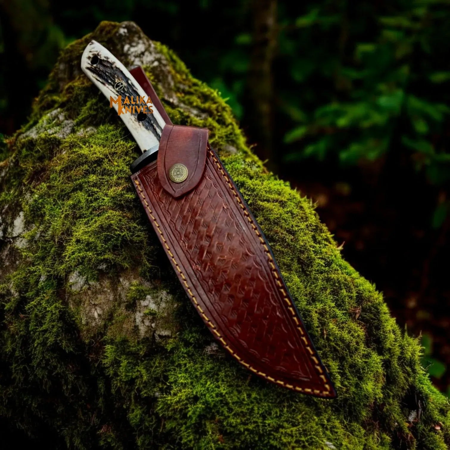 MALIKA KNIVES simple Damascus Stag Handle Bowie Knife Full Tang