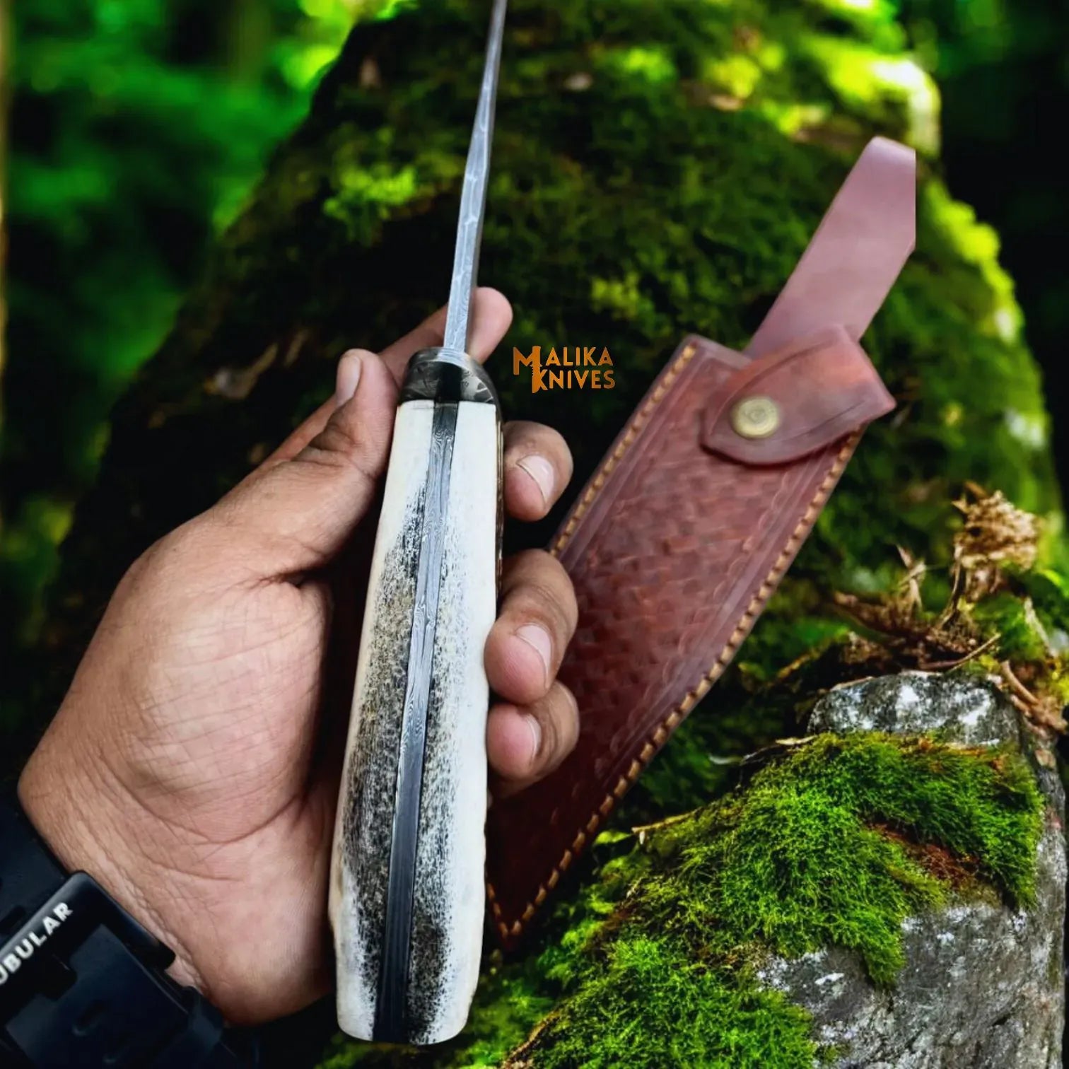 MALIKA KNIVES simple Damascus Stag Handle Bowie Knife Full Tang