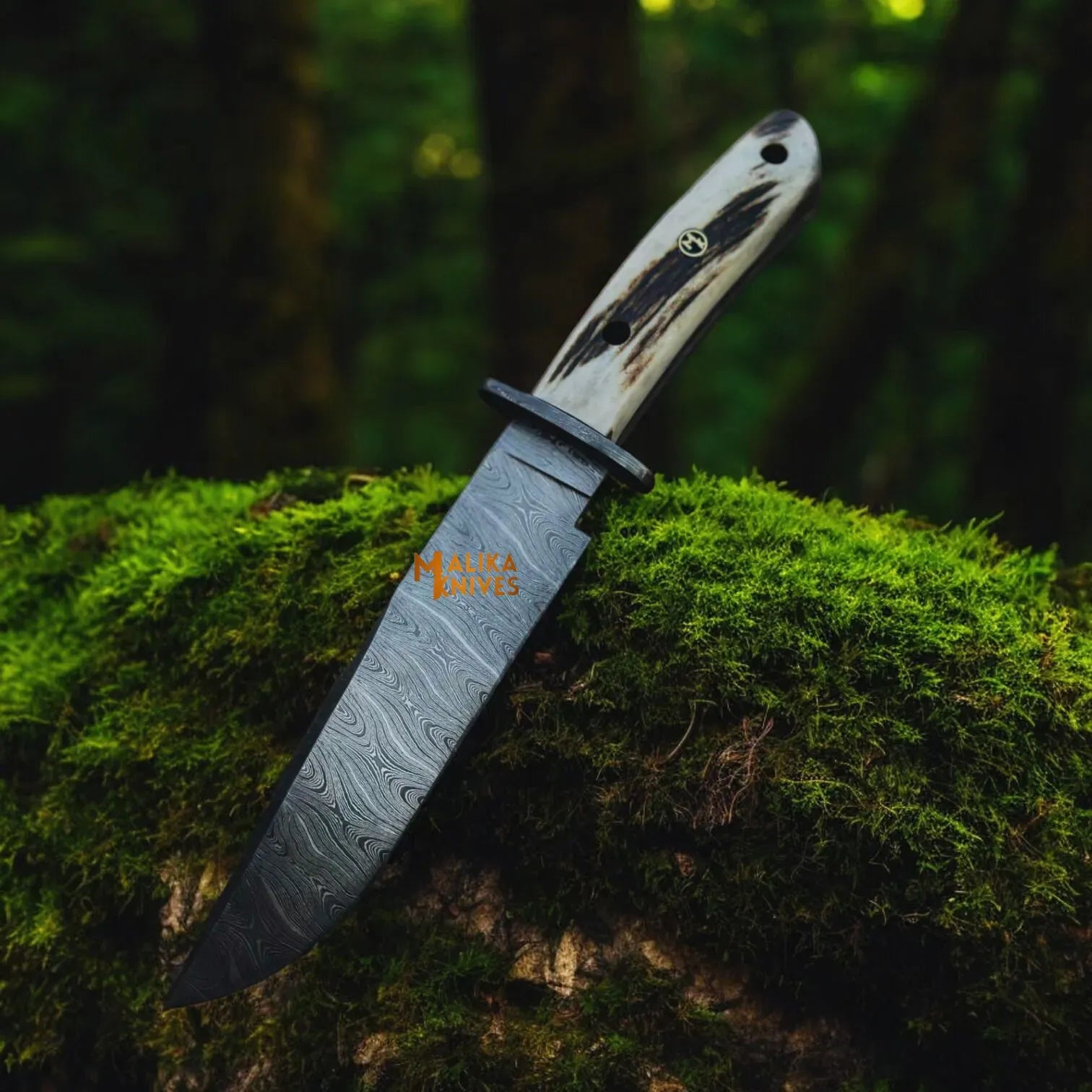 MALIKA KNIVES simple Damascus Stag Handle Bowie Knife Full Tang
