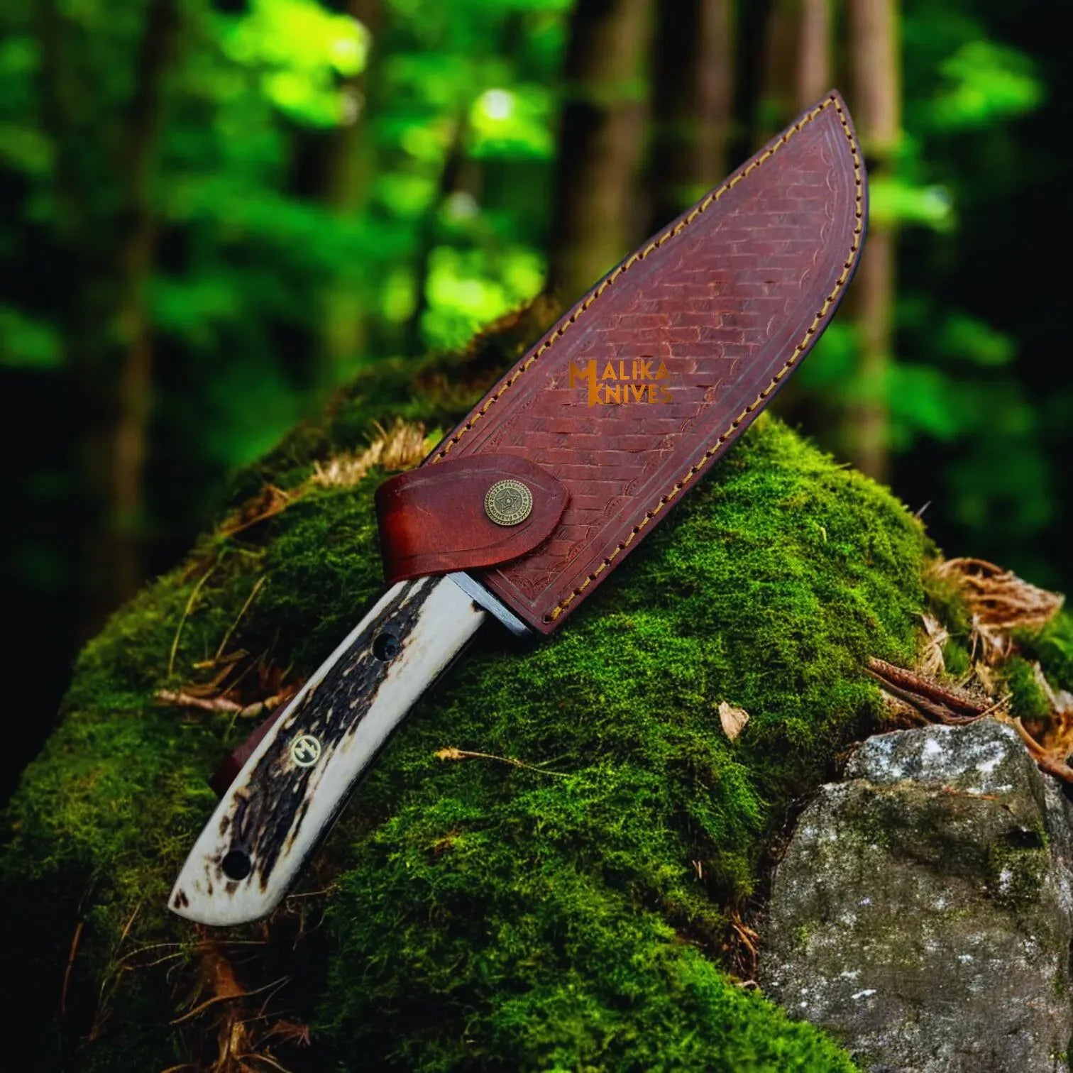 MALIKA KNIVES simple Damascus Stag Handle Bowie Knife Full Tang
